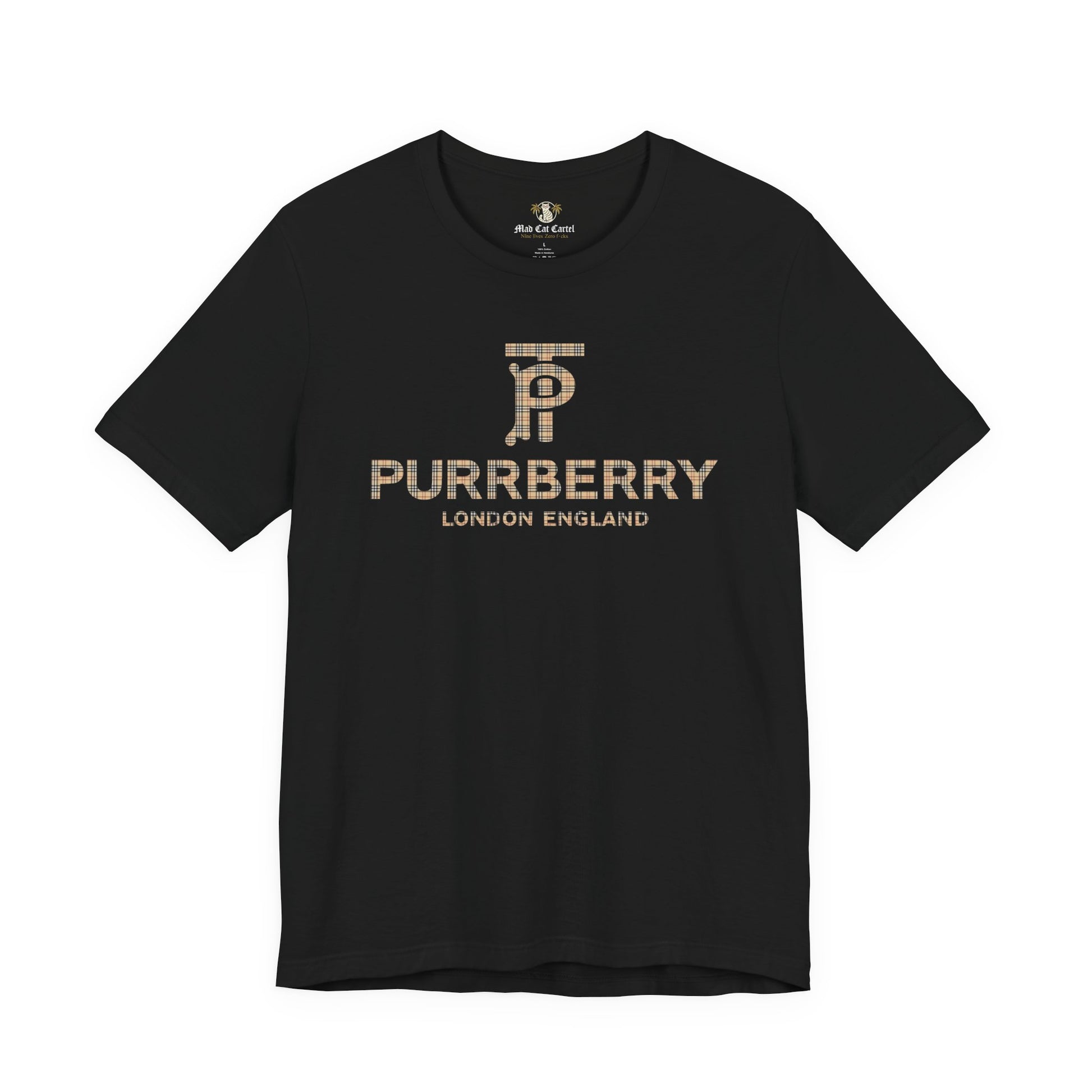 purrberry london cat graphic t shirt black front view cat themed clothes