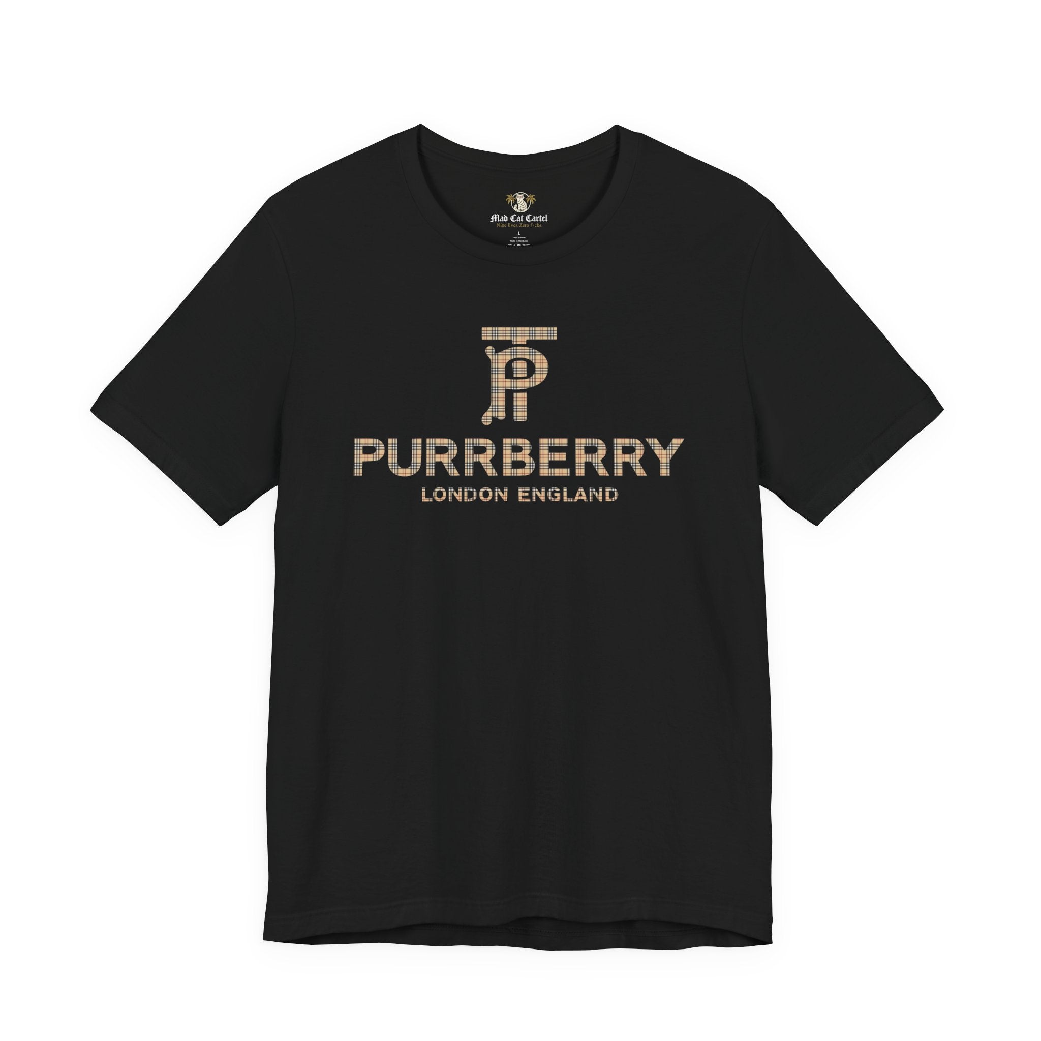 purrberry london cat graphic t shirt black front view cat themed clothes