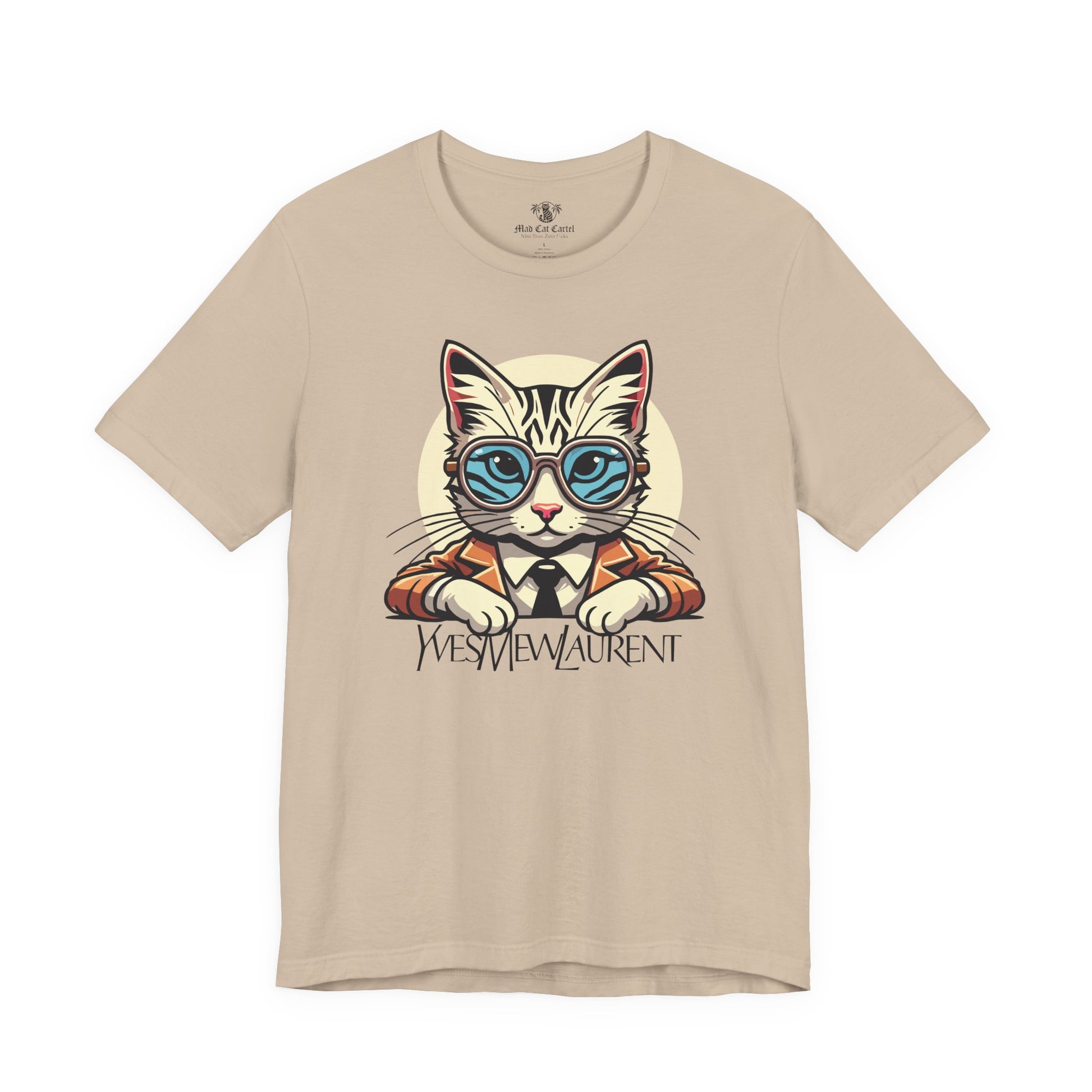 Tan Yves Mew Laurent Cat Graphic T Shirt flat lay front