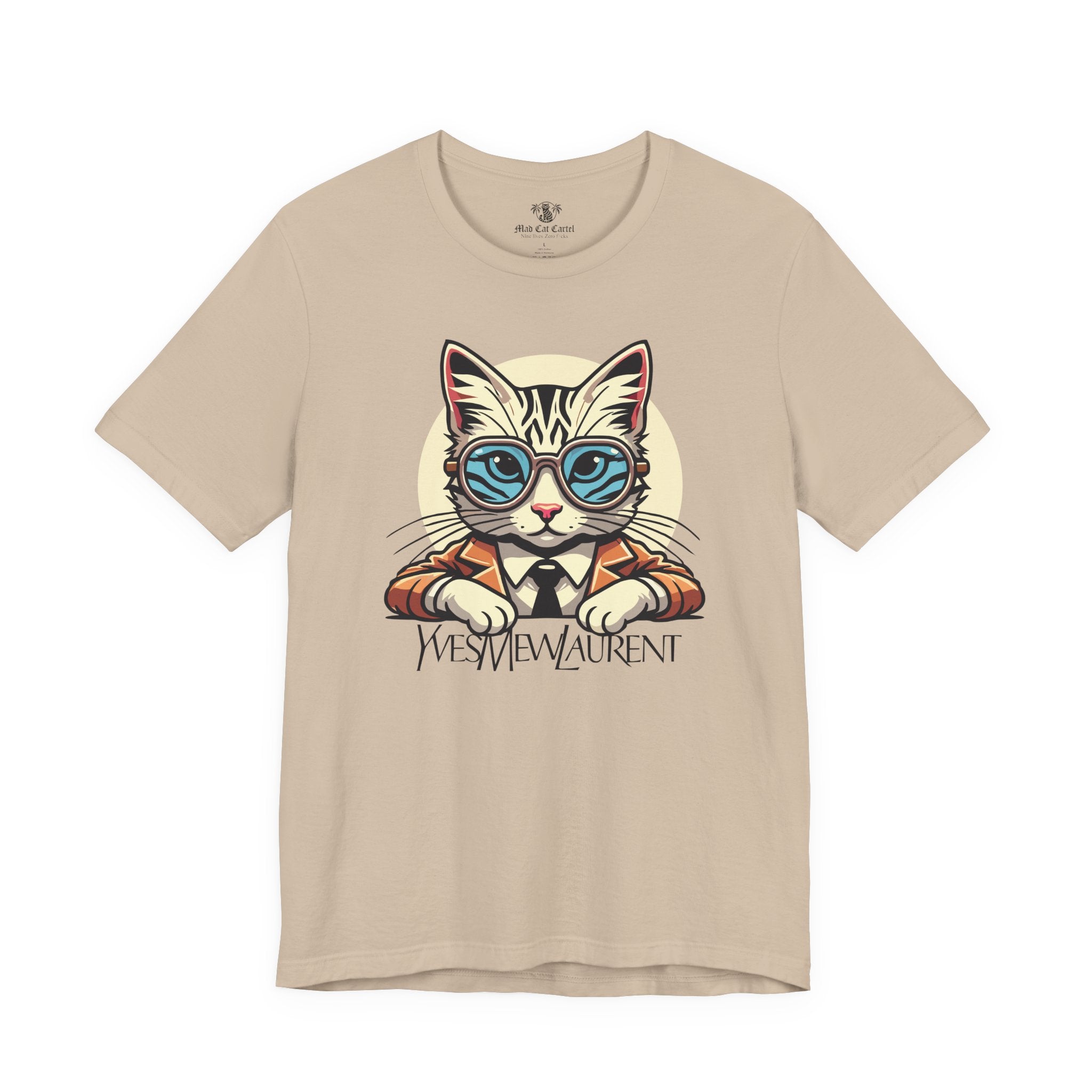 Tan Yves Mew Laurent Cat Graphic T Shirt flat lay front