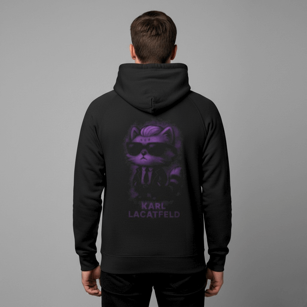 Back view of Karl Lacatfeld purple glow cat hoodie on model, women's cat hoodie