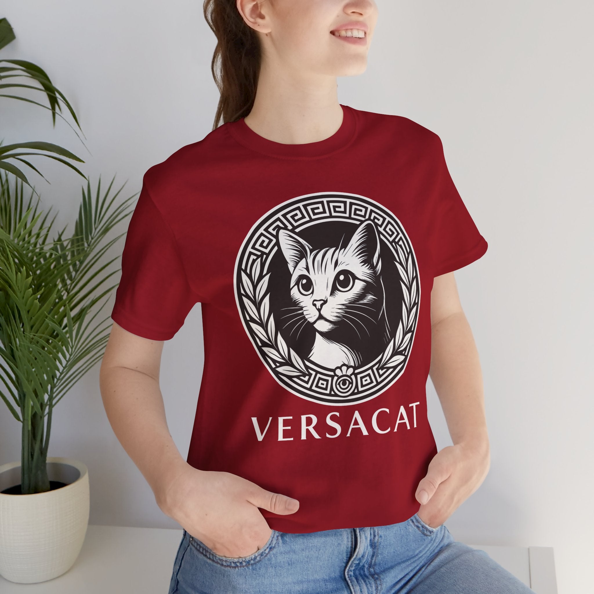 Woman in canvas red Versacat Royal Emblem graphic t shirt – cat lover shirts for casual style