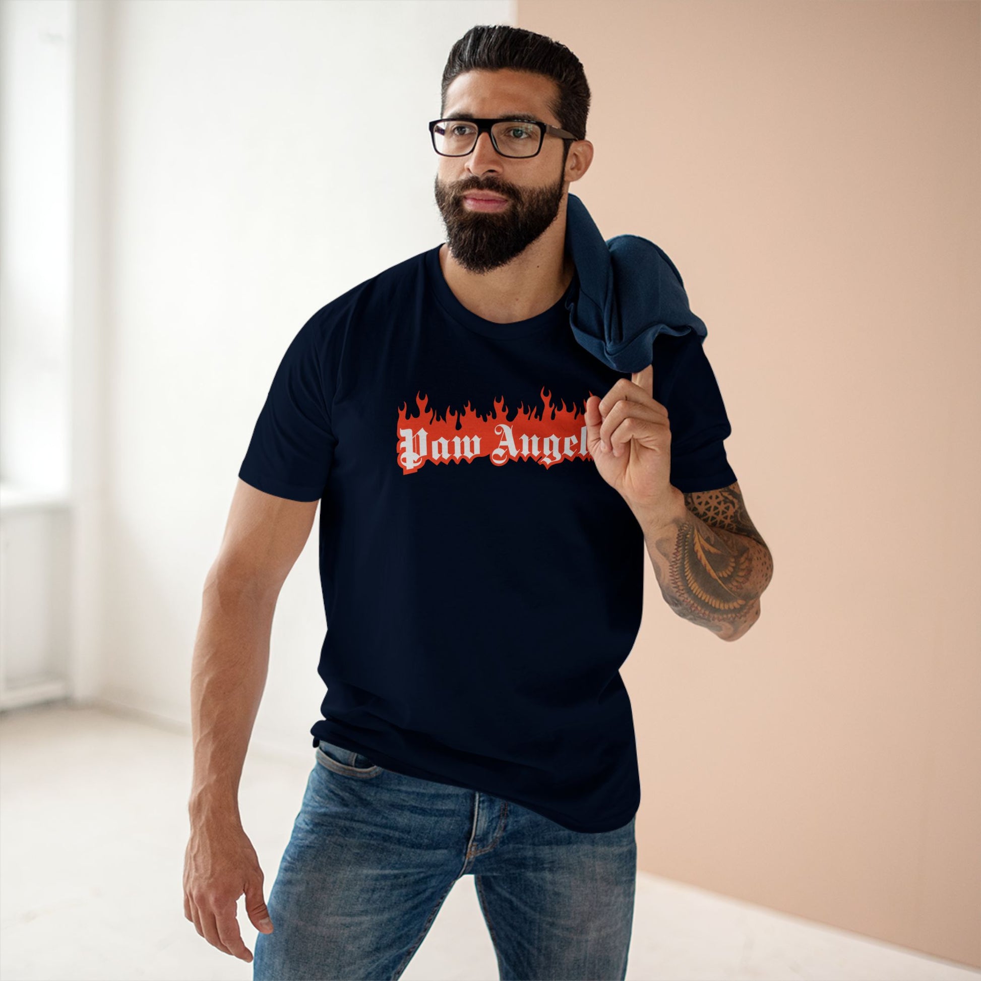 Male model wearing Paw Angels Paradise Inferno cat graphic navy unisex t shirt – gift ideas for cat owners