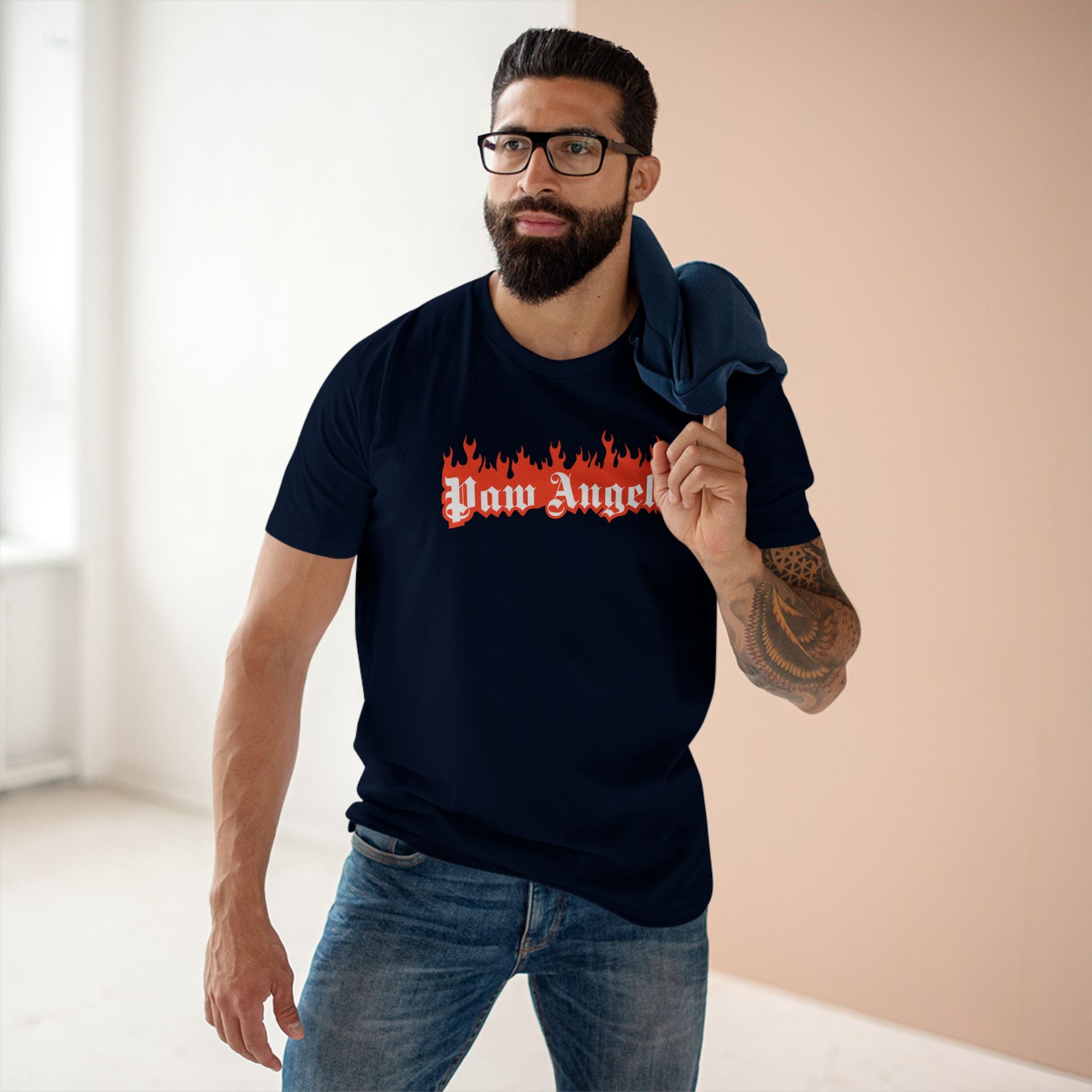 Male model wearing Paw Angels Paradise Inferno cat graphic navy unisex t shirt – gift ideas for cat owners