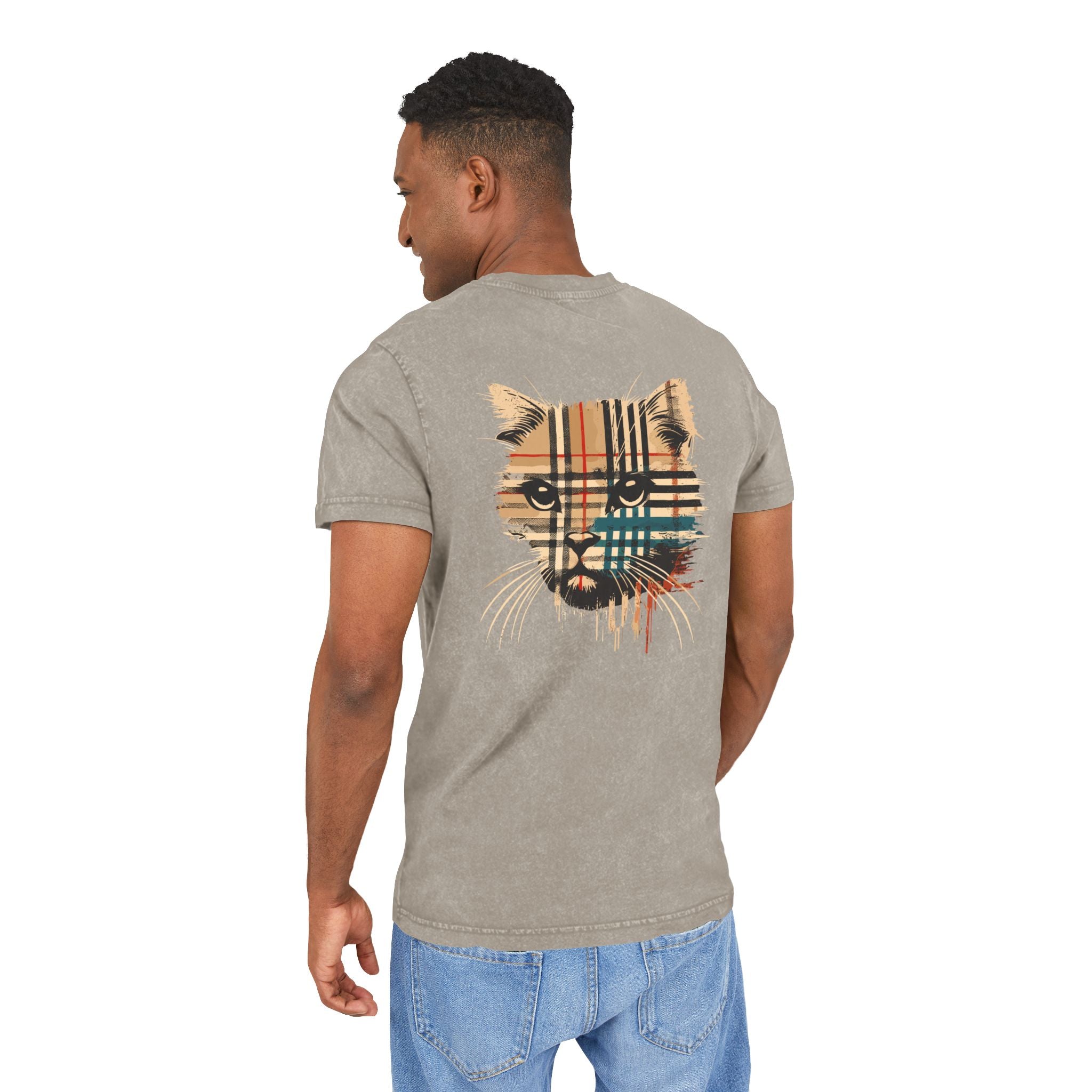Man wearing dark khaki Purrberry London Spray Crest Cat Graphic T-Shirt with large plaid cat face graphic