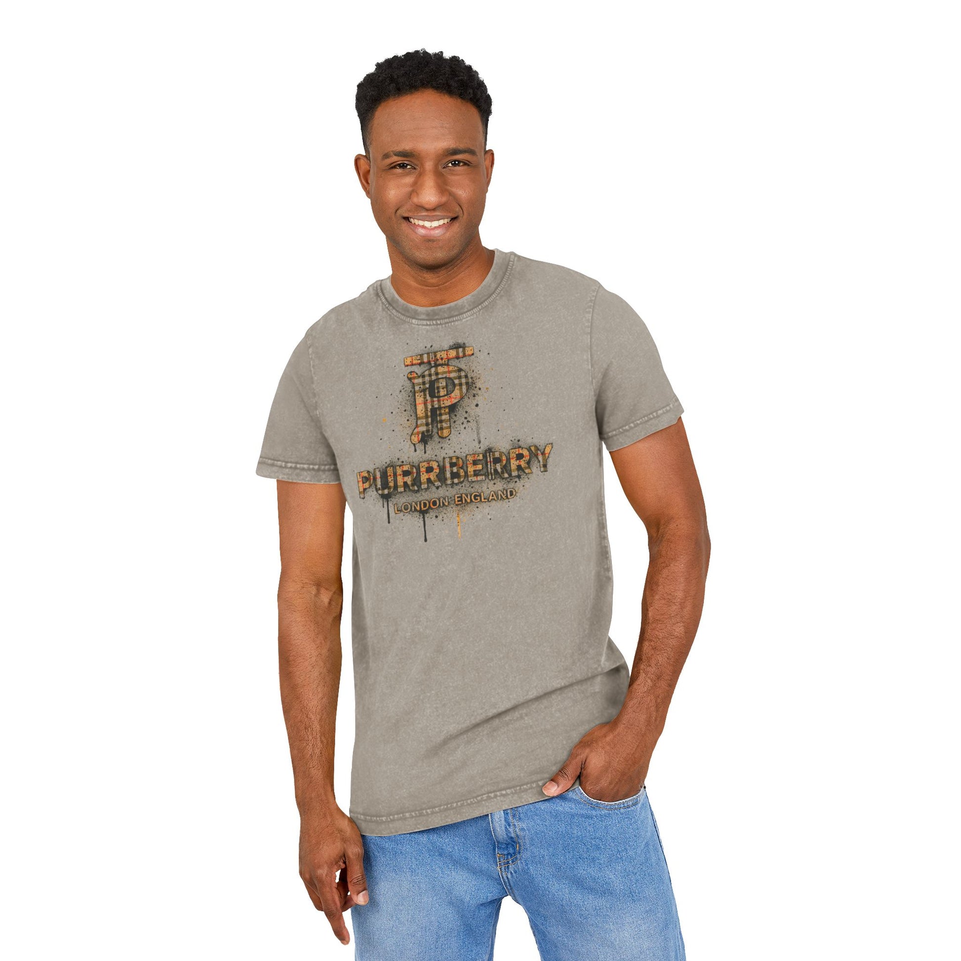Man wearing dark khaki Purrberry London Spray Crest Cat Graphic T-Shirt with plaid “P” crest and paint splatter design