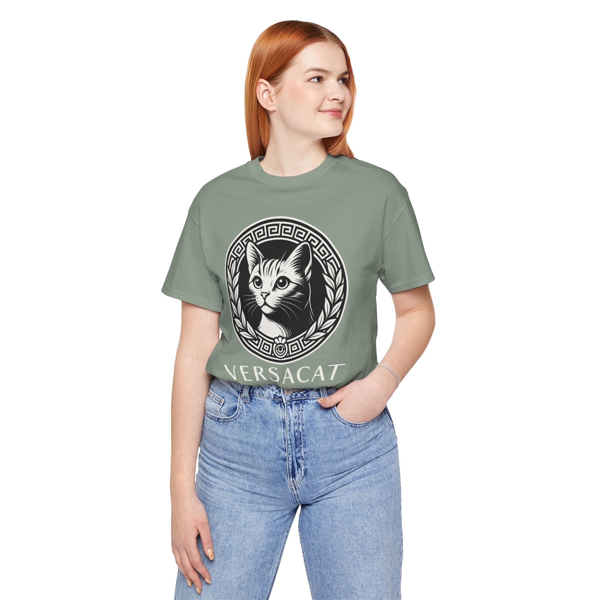 Woman wearing sage green Versacat Royal Emblem cat lover shirt – cat t shirts for women and shirts with cats on them