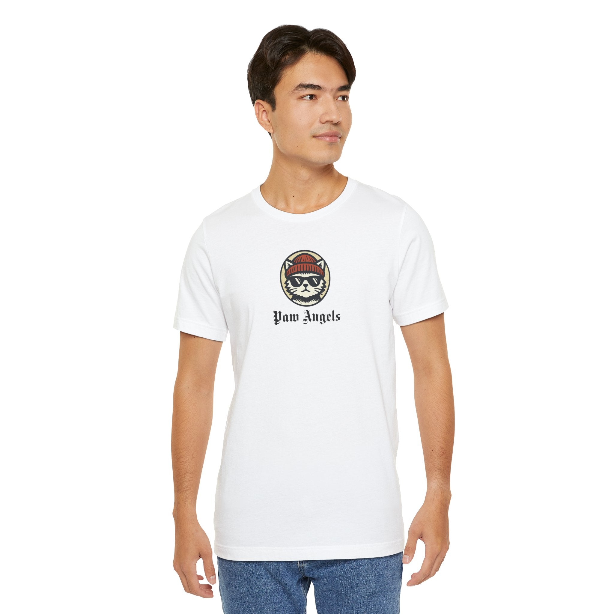 Male model wearing white Paw Angels Born to Fly street angel cat t shirt – men's cat shirt