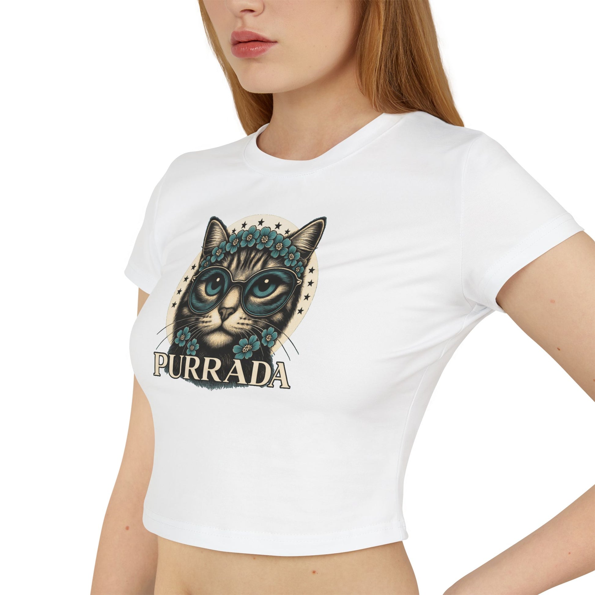 close up front view of white baby tee, cat graphic shirt, casual cotton style