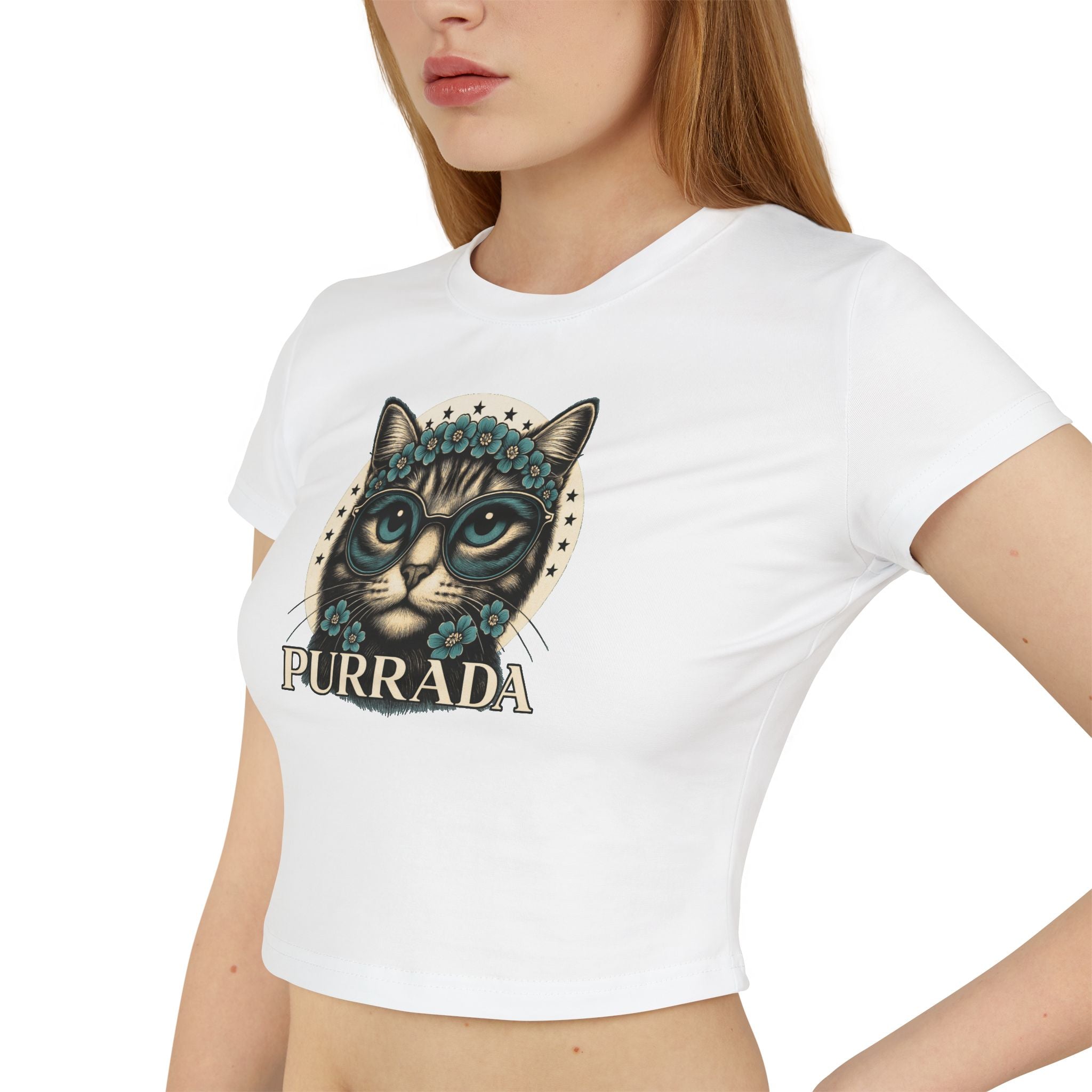 close up front view of white baby tee, cat graphic shirt, casual cotton style