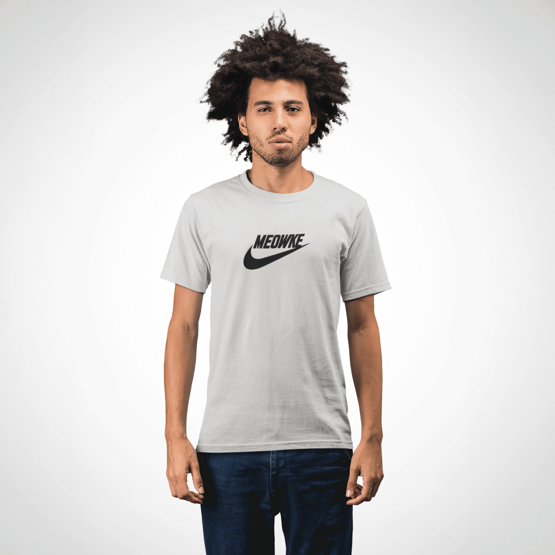 Cat t shirt for men and women – silver unisex tee worn by male model, black Meowke chest swoosh logo