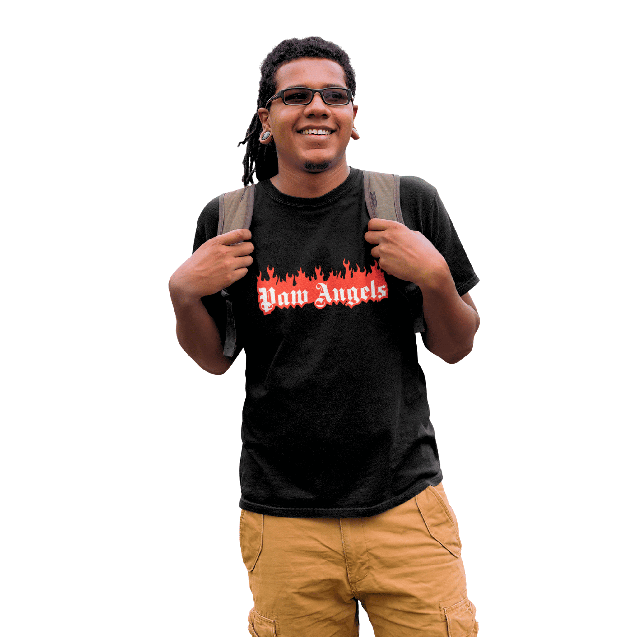 Male model with backpack wearing Paw Angels Paradise Inferno cat graphic black unisex t-shirt – gift ideas for cat owners