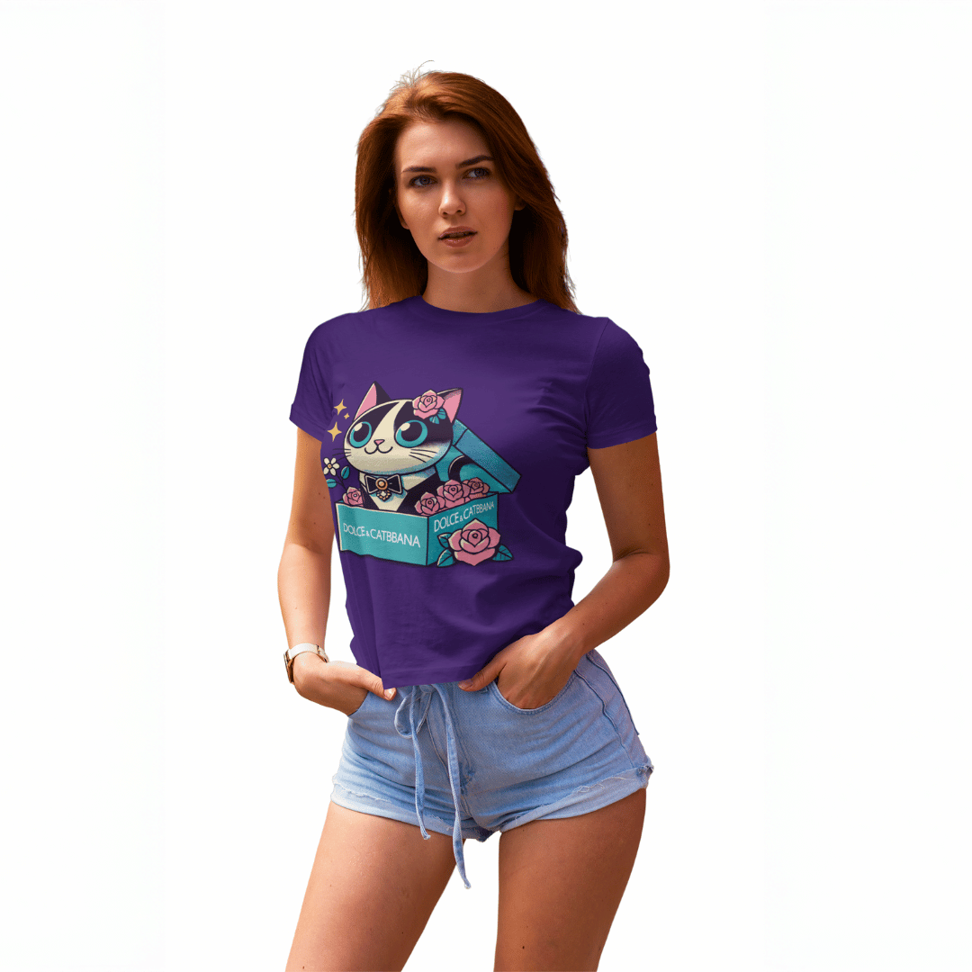 Model wearing team purple Dolce & Catbana rose box cat themed clothing