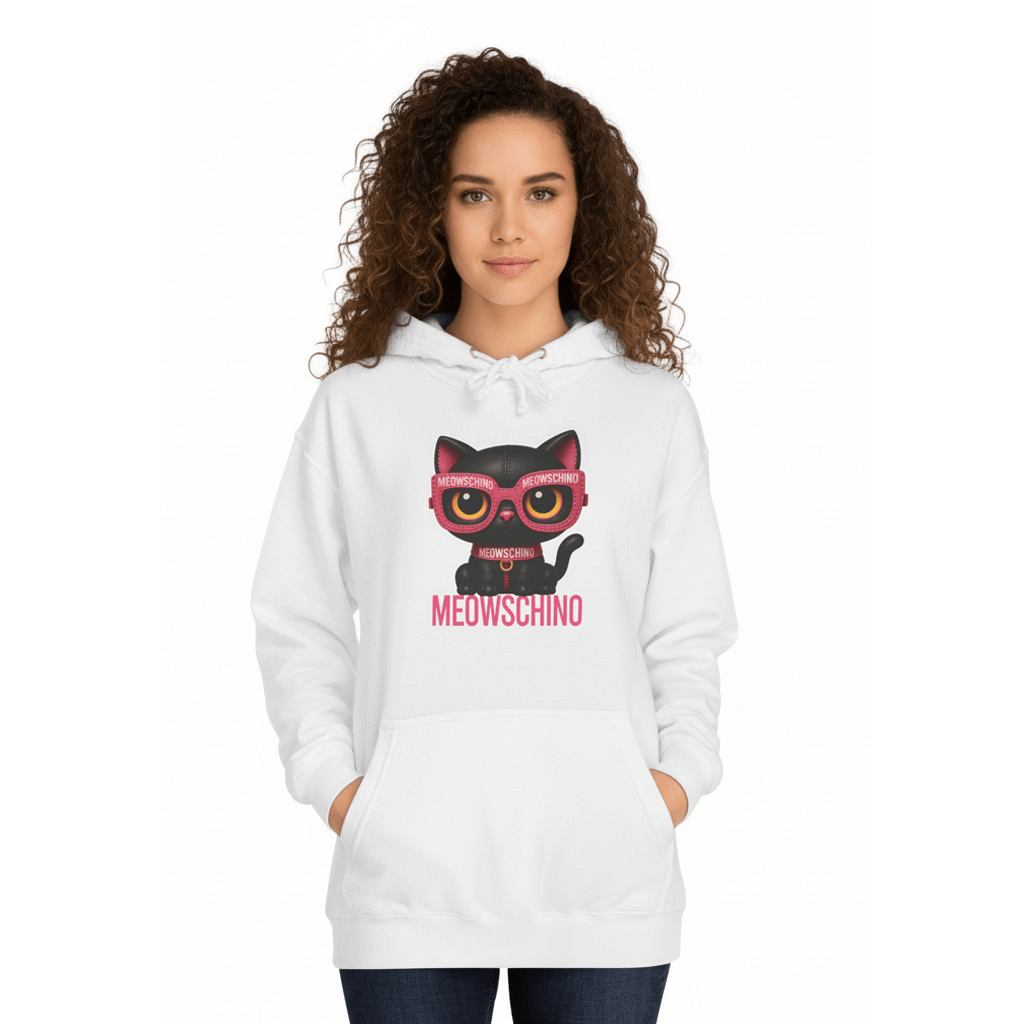 Woman wearing Meowschino arctic white hoodie indoors, cat hoodie for woman