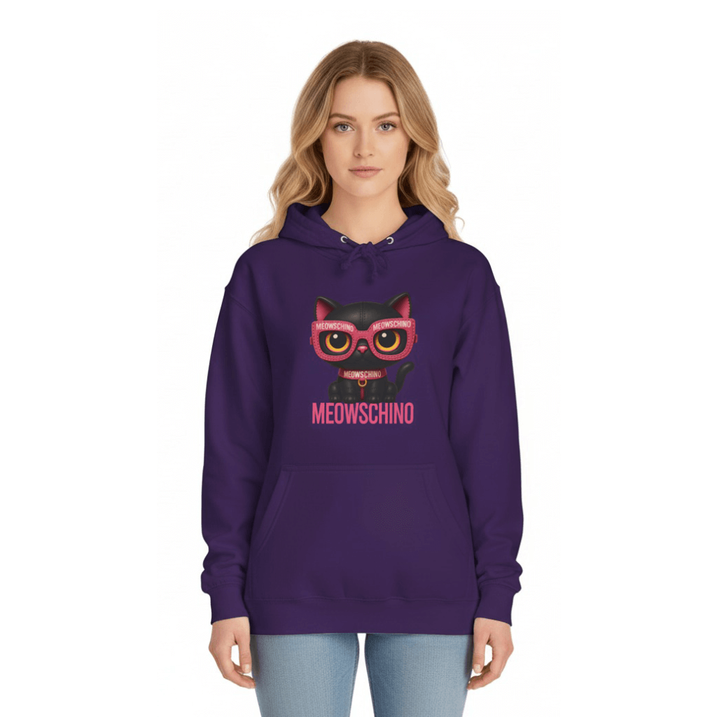 Woman modeling Meowschino purple hoodie indoors, cat hoodie for woman