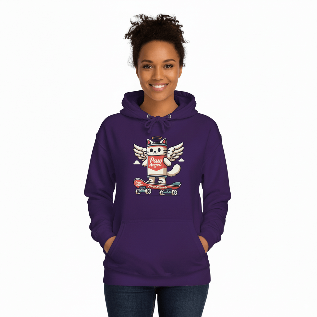 Woman modeling Paw Angels spray cat purple hoodie, cat men's clothing