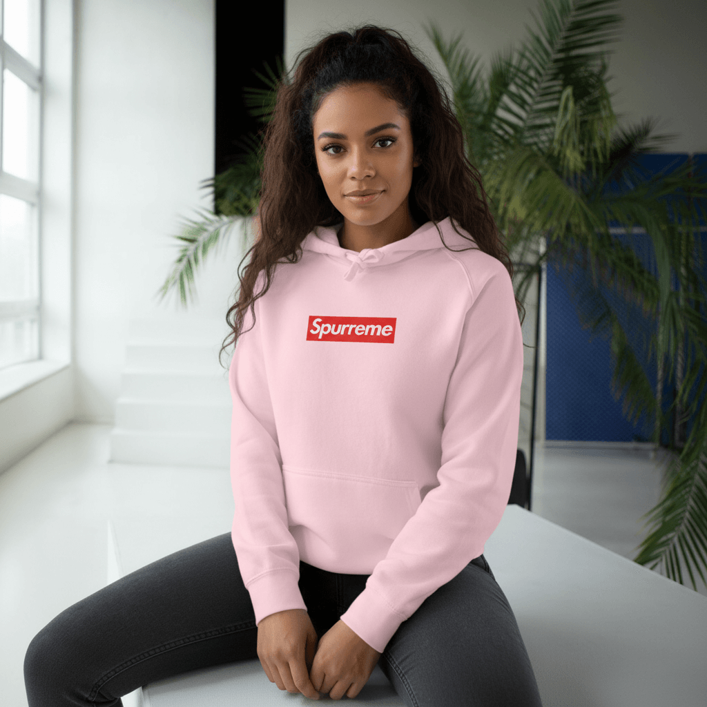 Female model wearing Pink Spurreme Box Logo Hoodie fashion forward parody hoodie gift for cat lovers