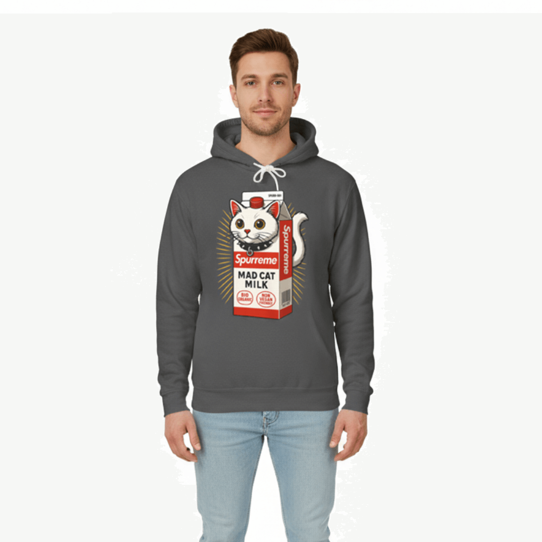 Male model standing in Pepper Gray Spurreme Mad Cat Organic Milk Hoodie casual parody hoodie for cat lovers