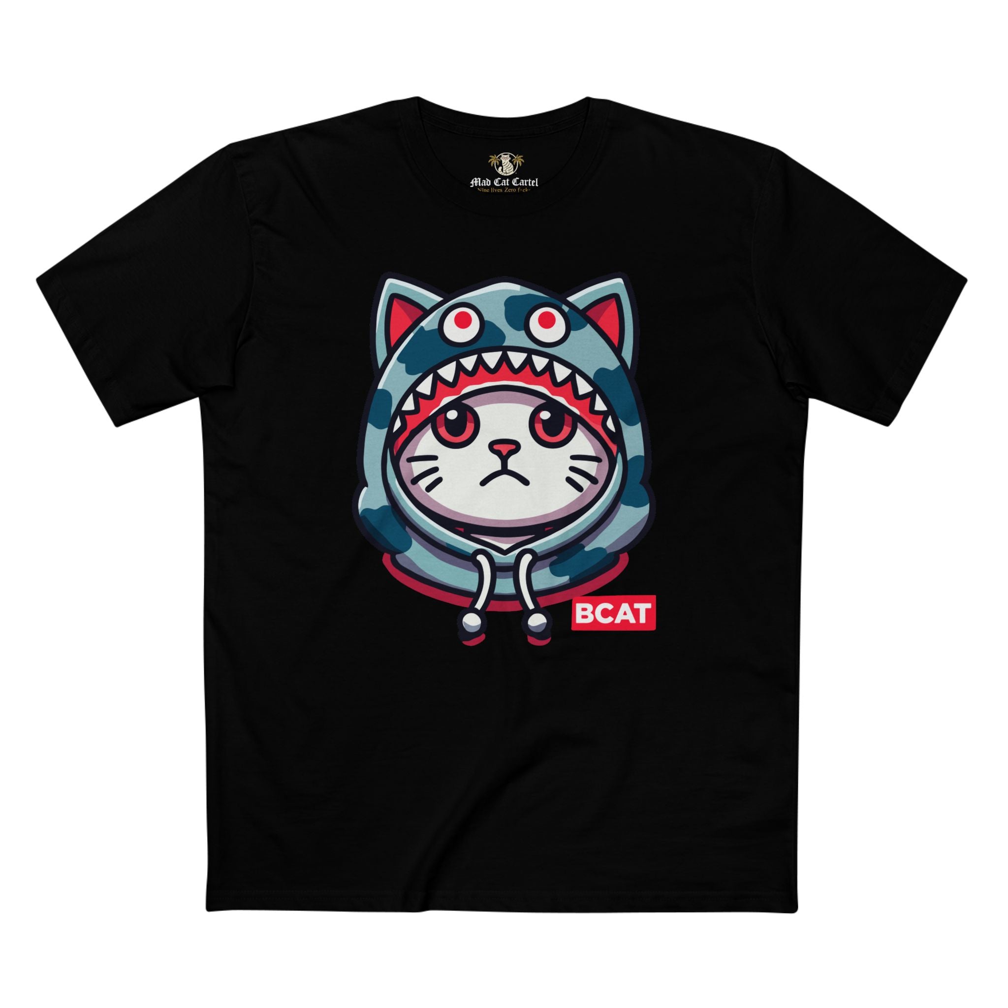 front view of black BCAT cat graphic tee, casual tee for cat lovers