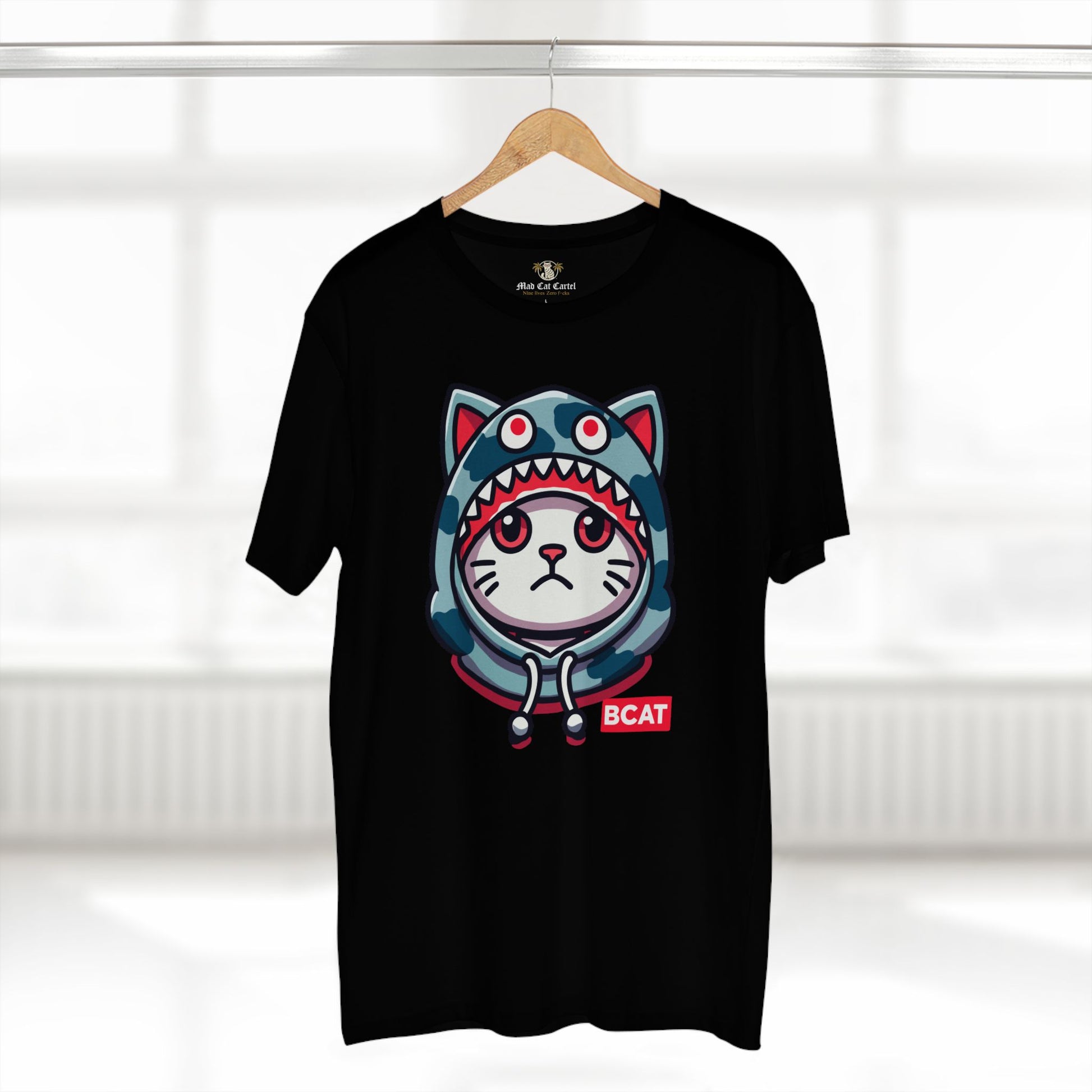 hanger display of black A Bathing Cat tee, funny cotton cat graphic shirt