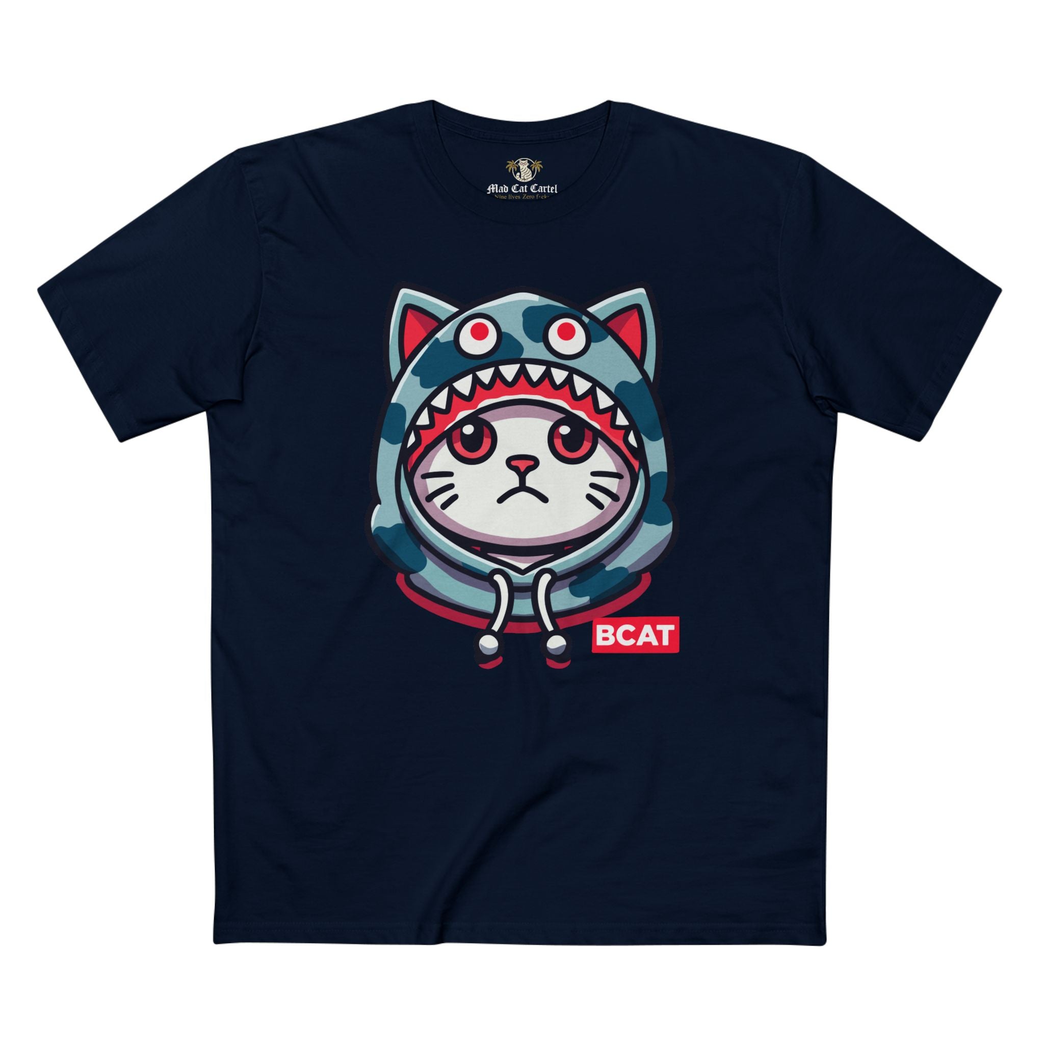 navy A Bathing Cat BCAT Shark Mode Graphic T Shirt, mens cat tee shirts