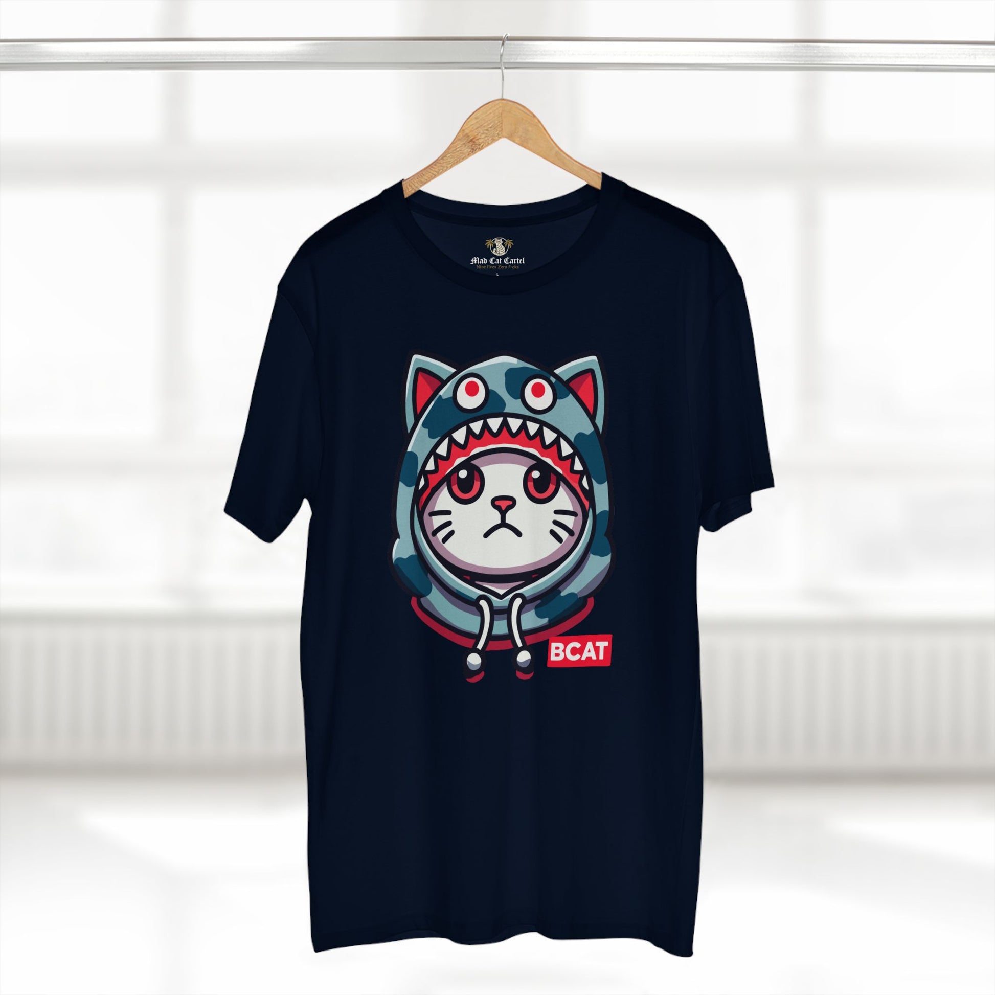 hanger display of navy BCAT shark mode tee, cat themed streetwear shirt