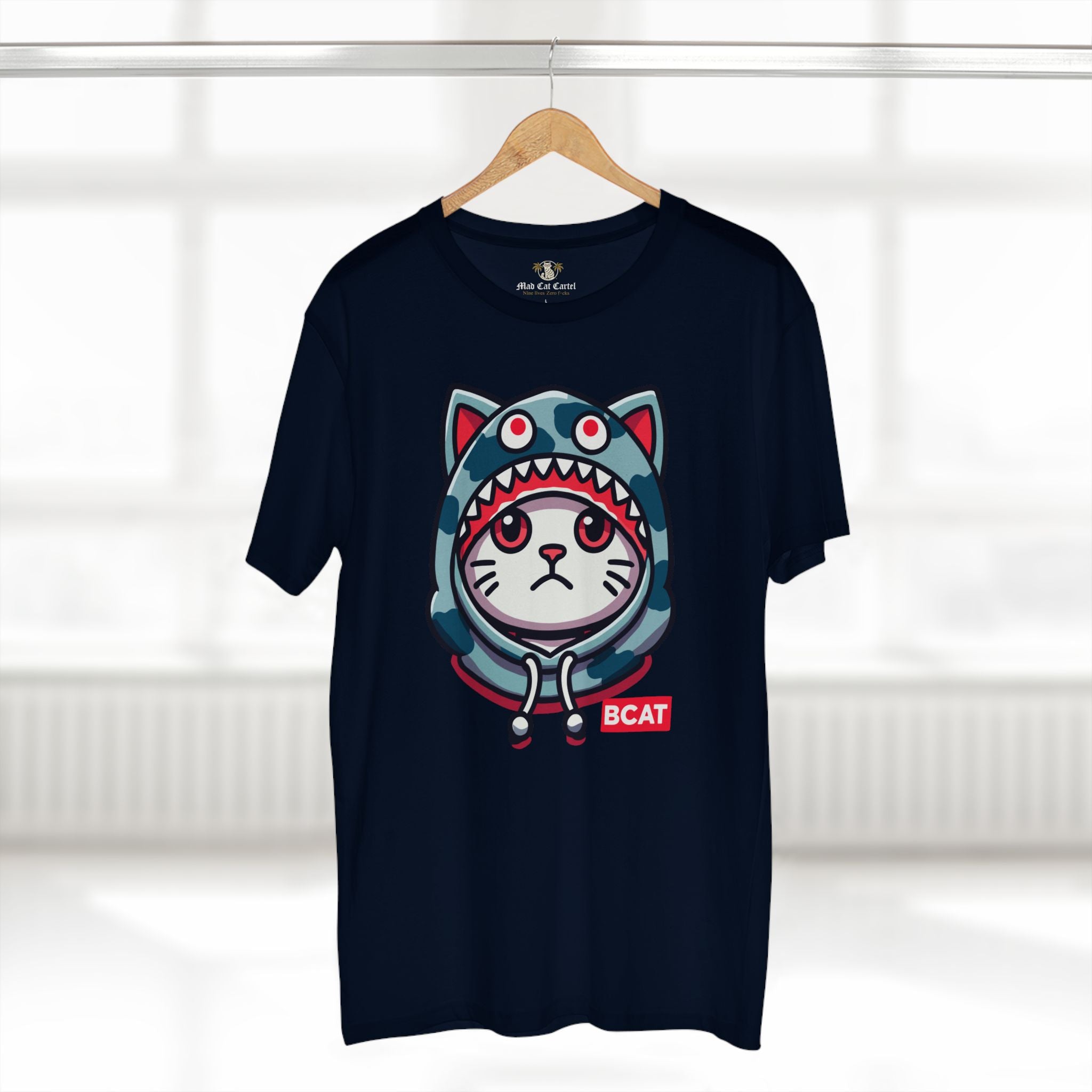 hanger display of navy BCAT shark mode tee, cat themed streetwear shirt