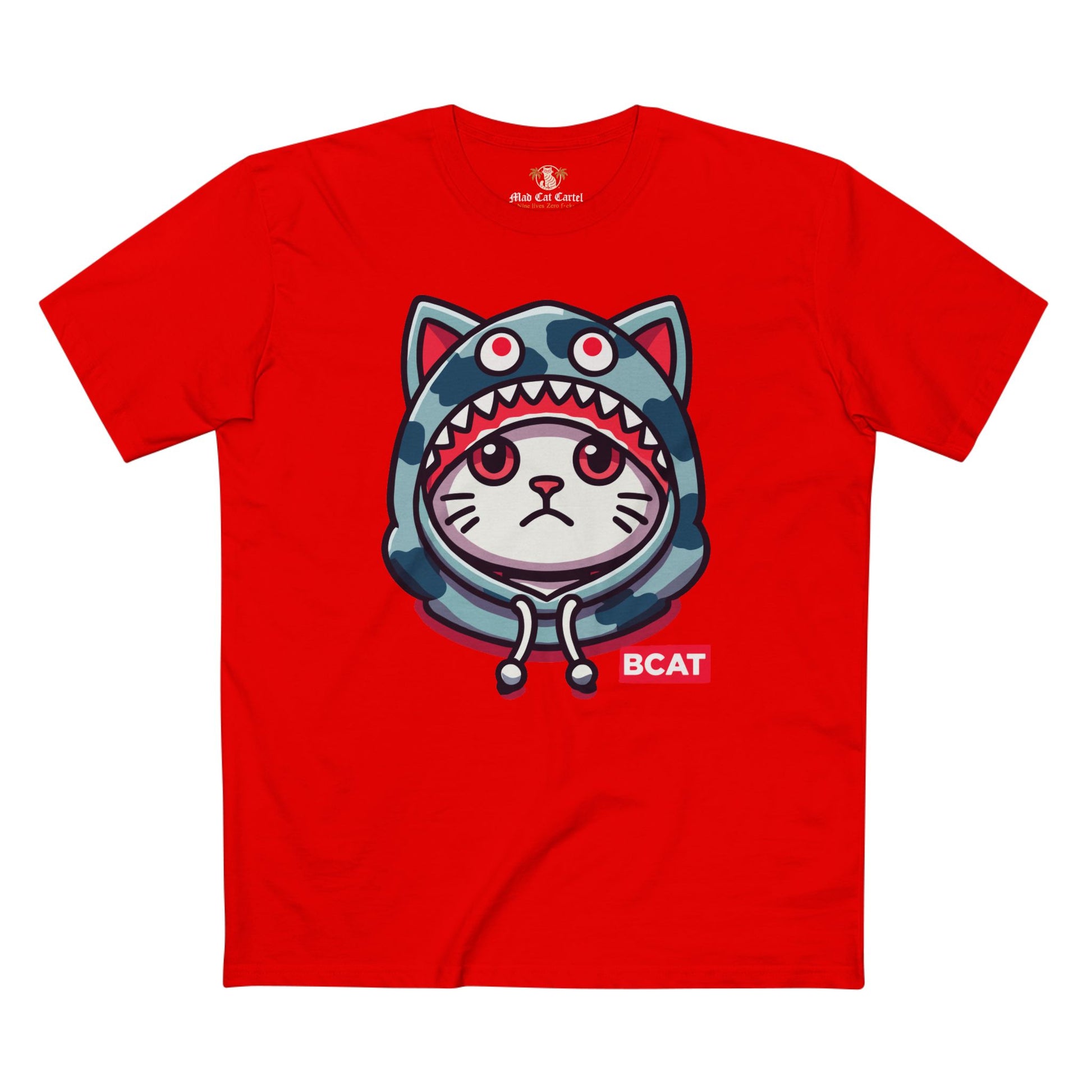 front view of of red BCAT cat graphic t shirt, cool shirt for cat lovers
