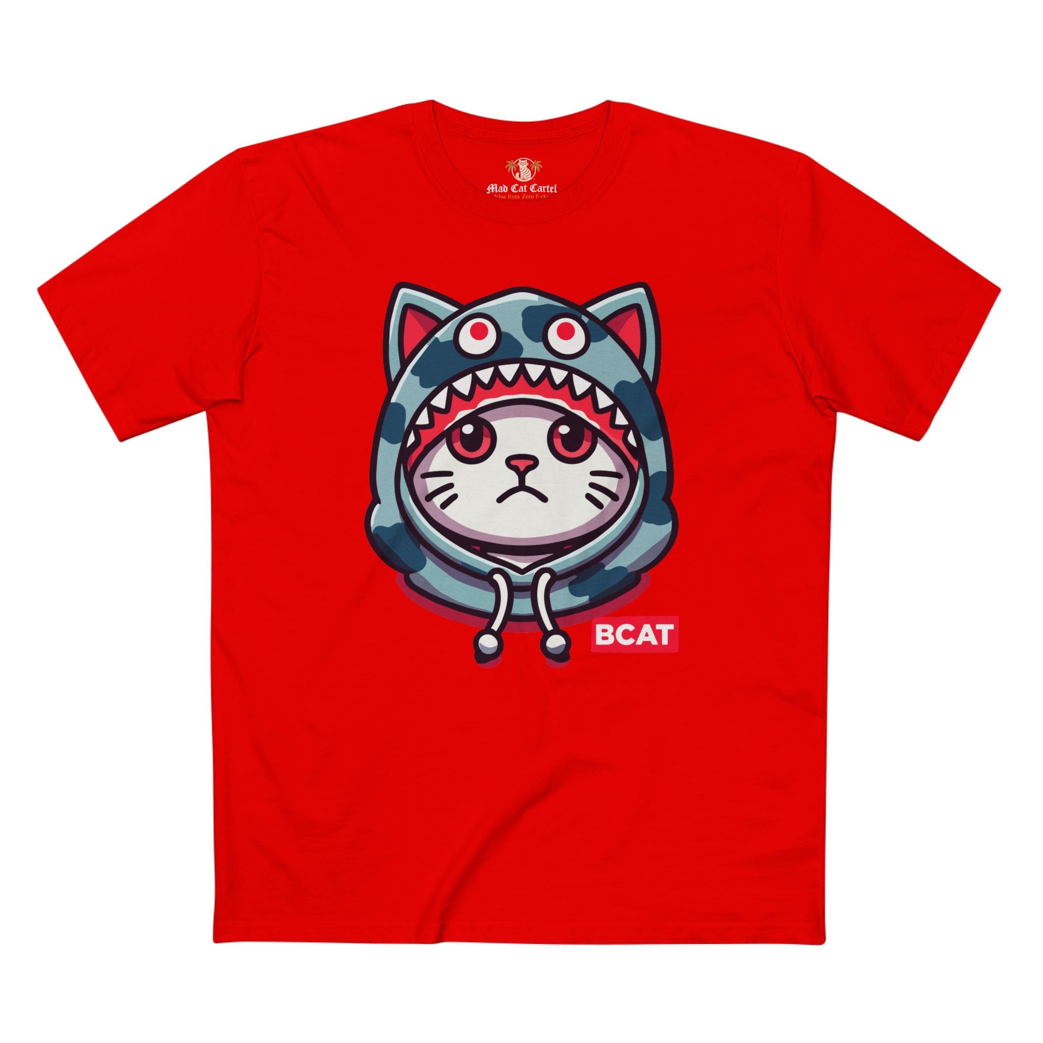 front view of of red BCAT cat graphic t shirt, cool shirt for cat lovers