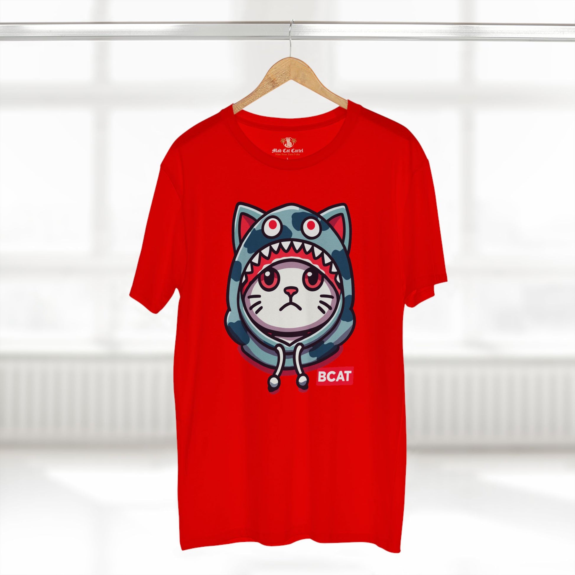 hanger display of red A Bathing Cat t shirt, cool cat lover streetwear