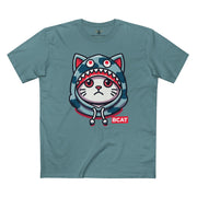 A Bathing Cat BCAT Shark Mode Graphic T Shirt in slate blue, cat graphic tee