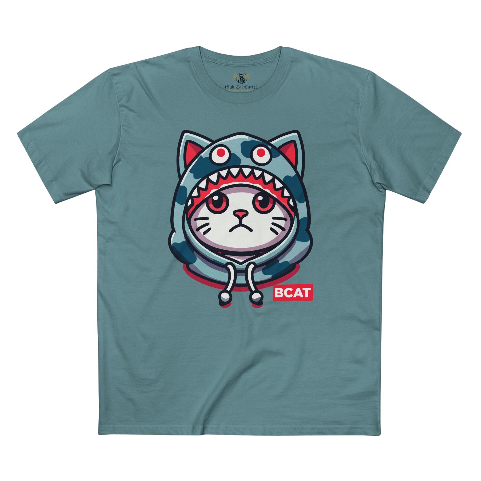 A Bathing Cat BCAT Shark Mode Graphic T Shirt in slate blue, cat graphic tee