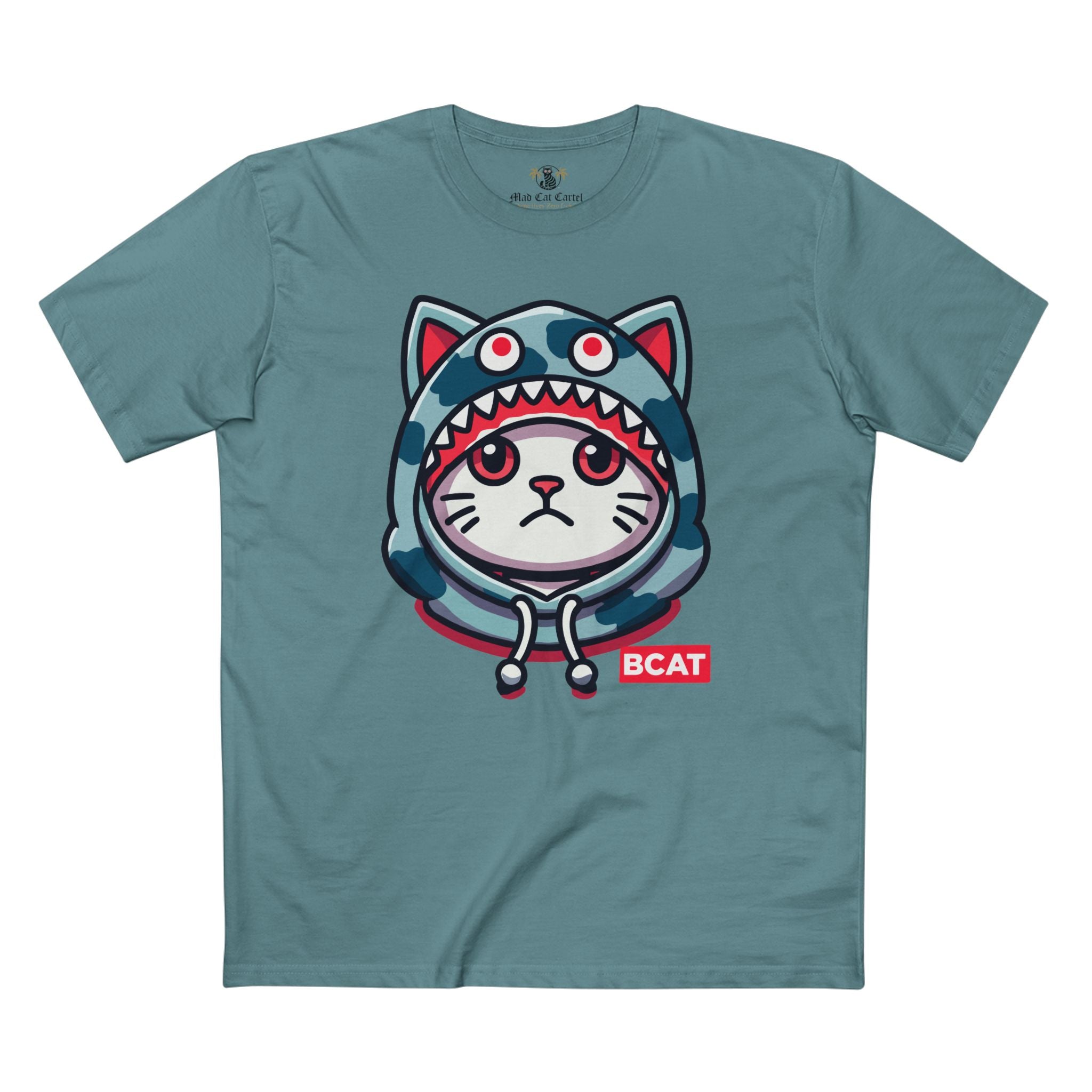 A Bathing Cat BCAT Shark Mode Graphic T Shirt in slate blue, cat graphic tee