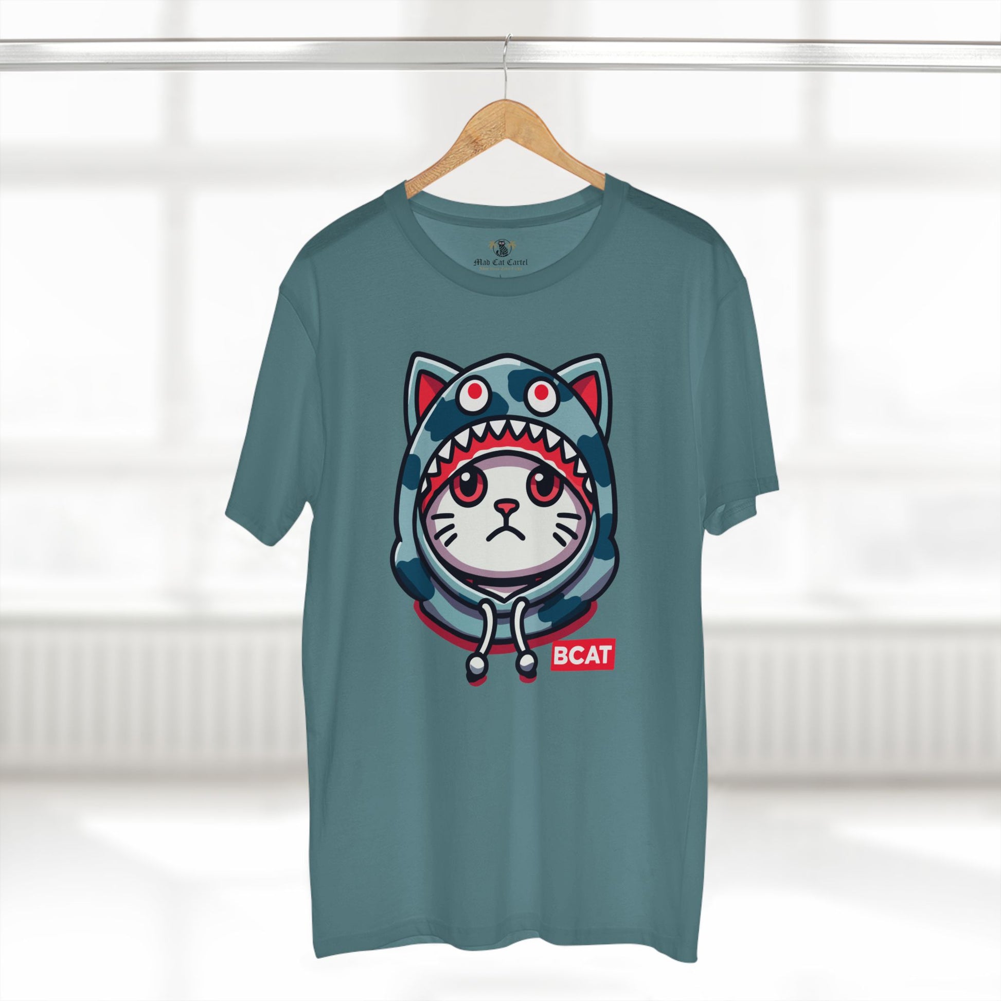 hanger display of slate blue BCAT shark mode t shirt, casual cotton cat graphic tee
