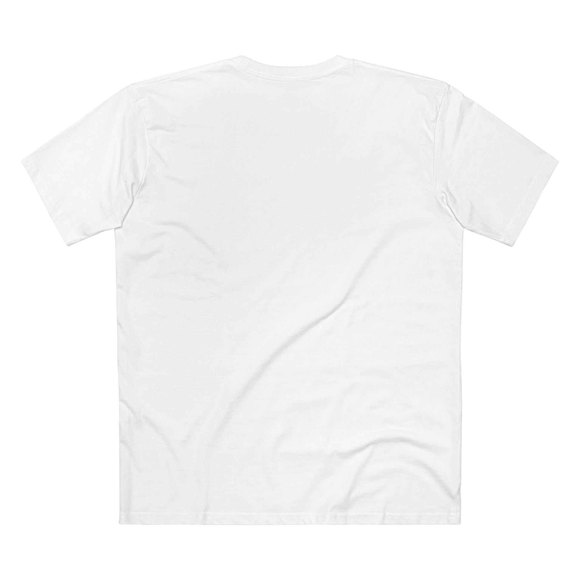 back view of white BCAT shark mode tee, clean minimal cotton t shirt
