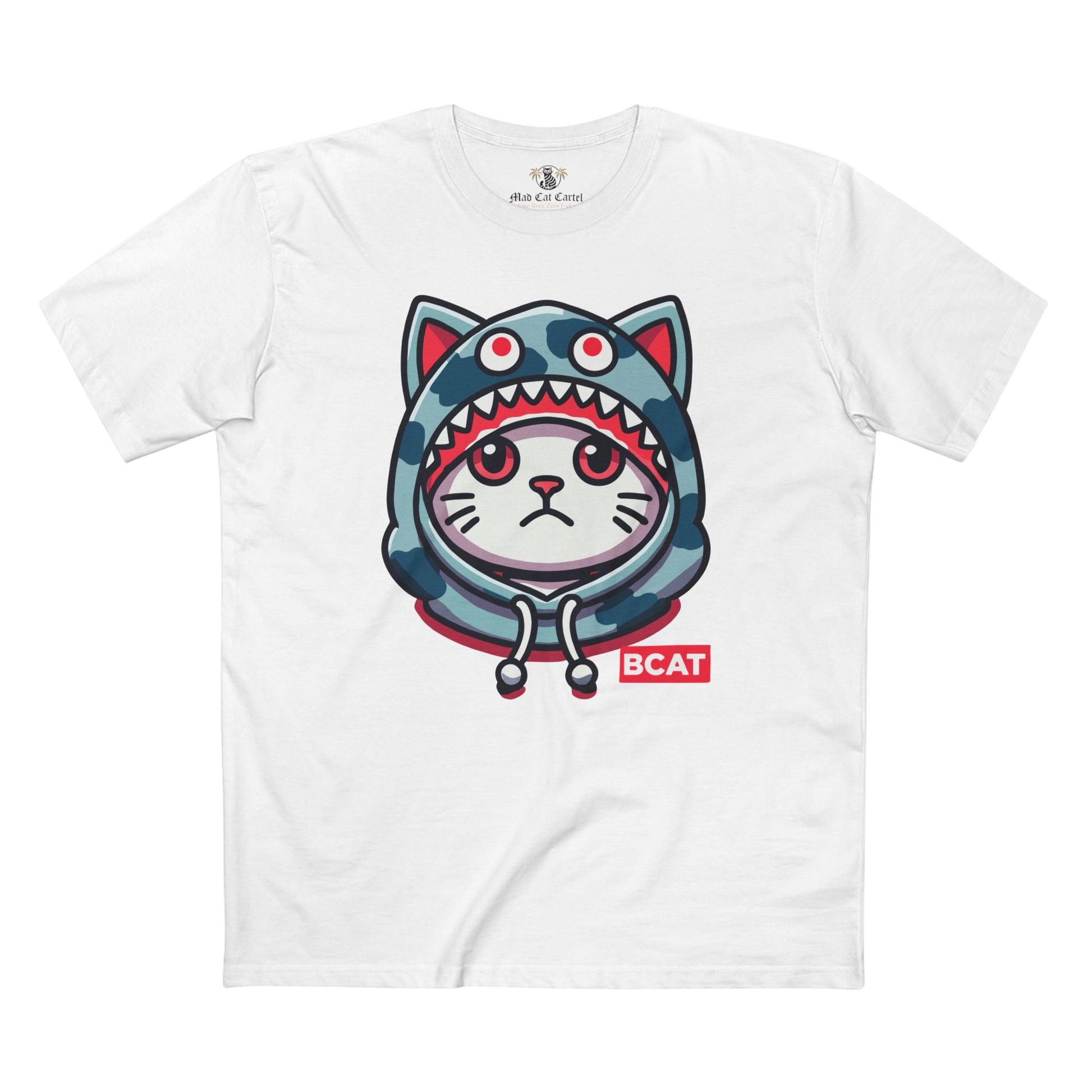 A Bathing Cat BCAT Shark Mode Graphic T Shirt in white, funny cat t shirts