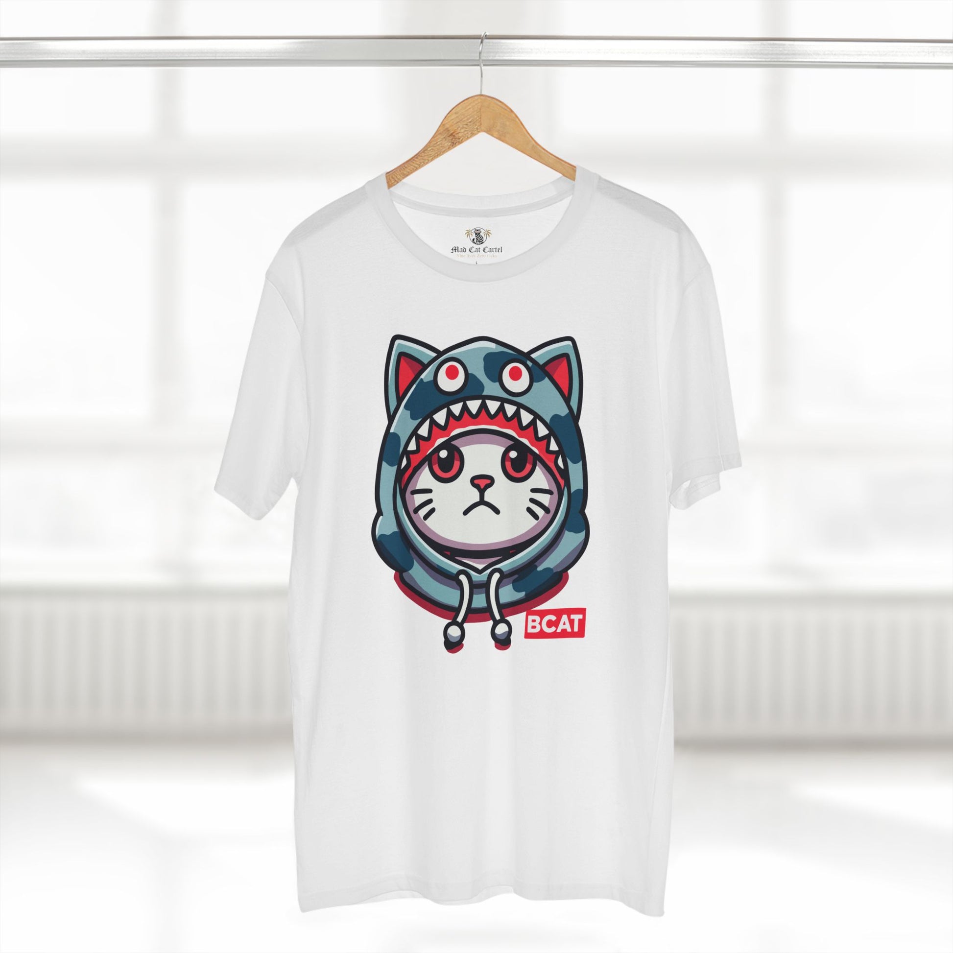hanger display of white BCAT cat graphic t shirt, funny shirt for cat lovers