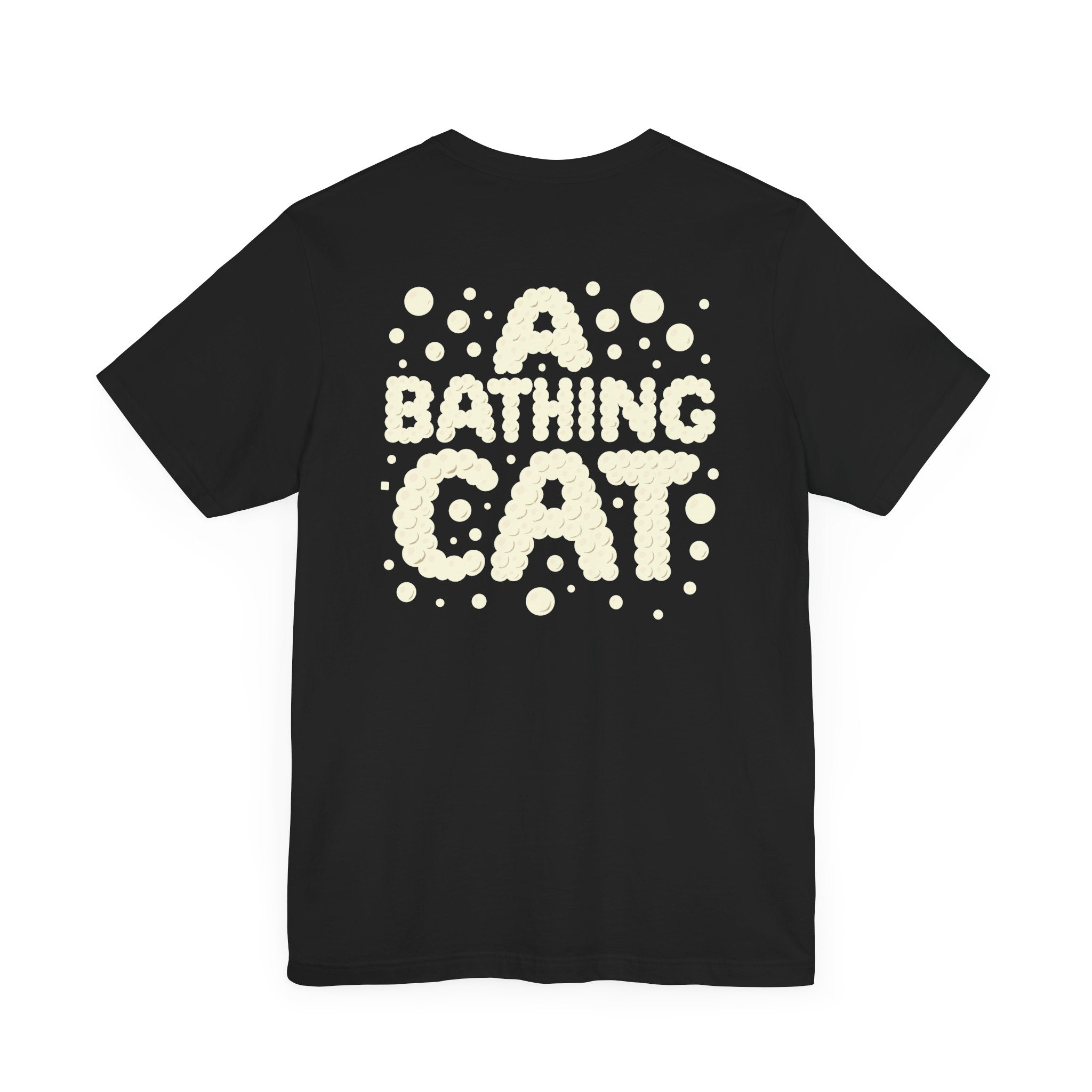 A Bathing Cat Bubble Camo Bath Graphic T-Shirt in black, back view