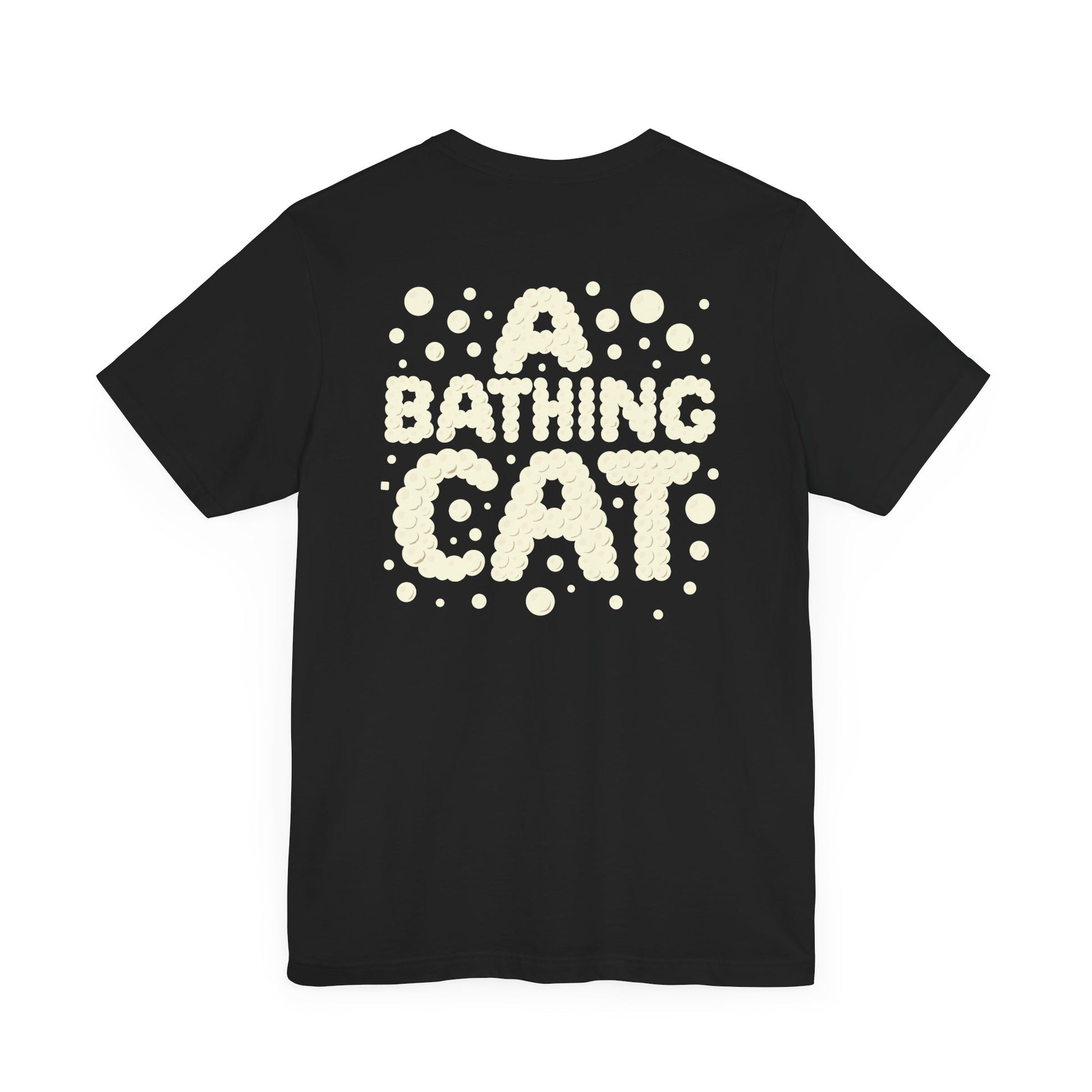 back view of A Bathing Cat tee, bubble camo logo print on black cotton shirt