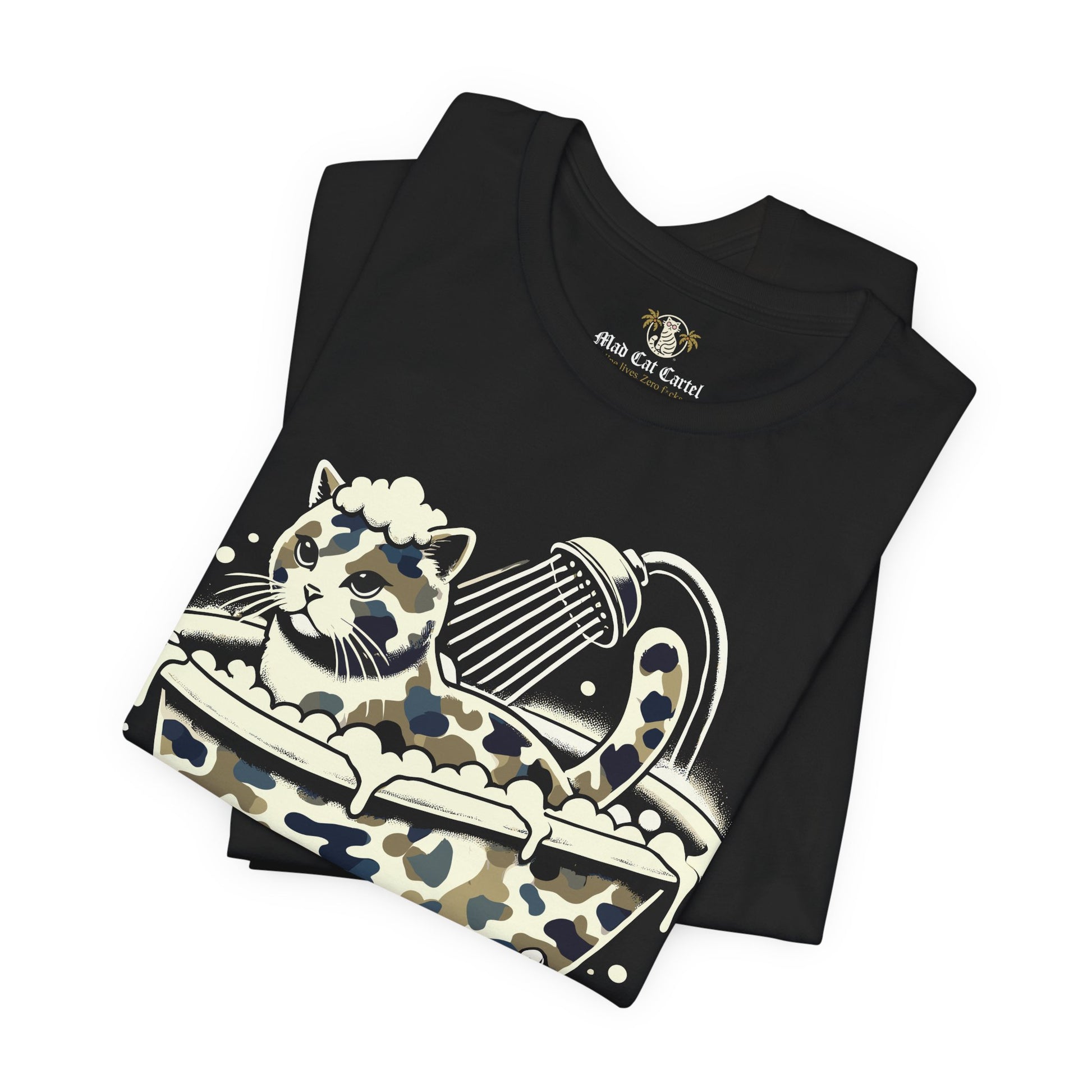 folded A Bathing Cat bubble camo t shirts, unique gift idea for cat lovers