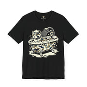front view of A Bathing Cat Bubble Camo Bath T Shirt in black, funny shirts for men