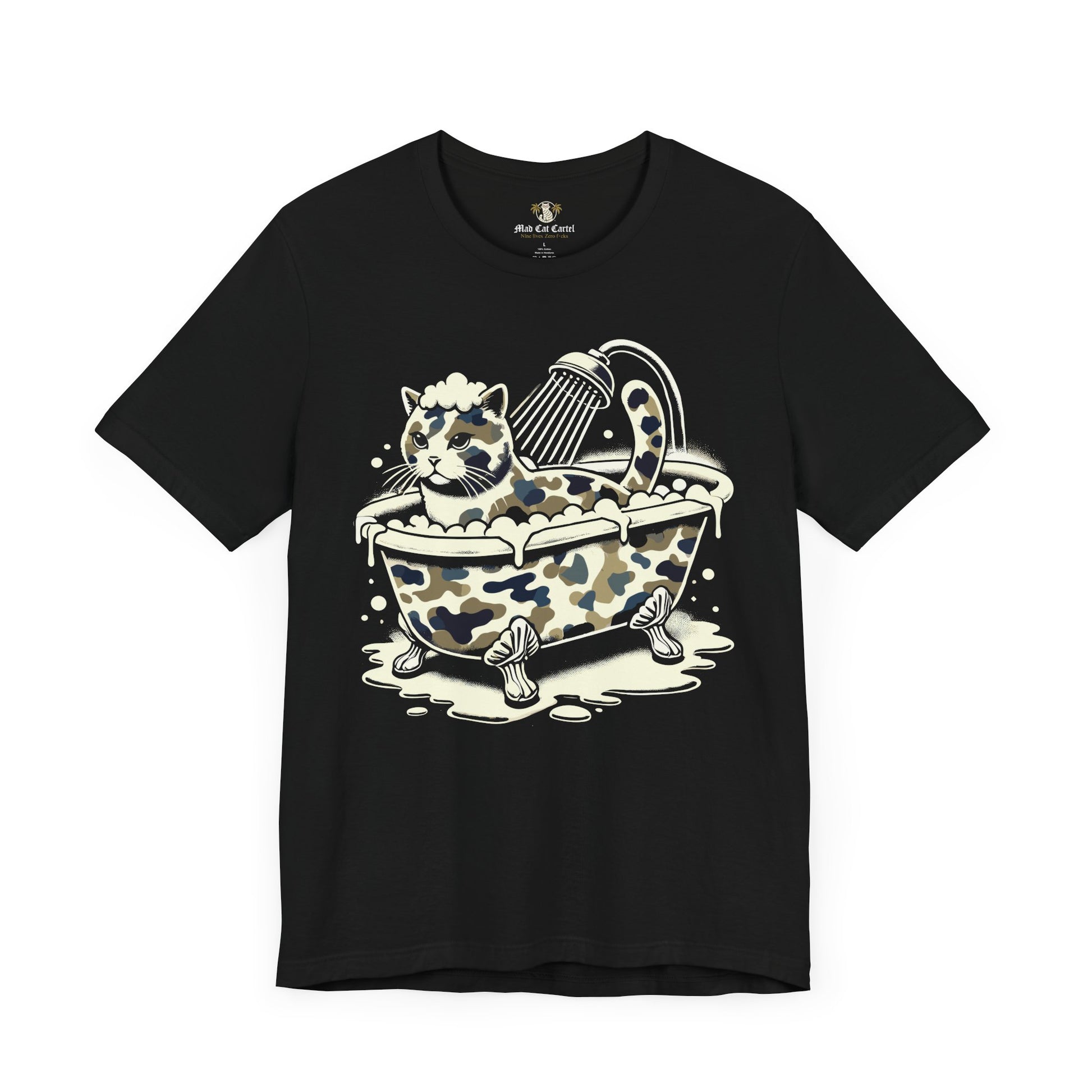 front view of A Bathing Cat Bubble Camo Bath T Shirt in black, funny shirts for men