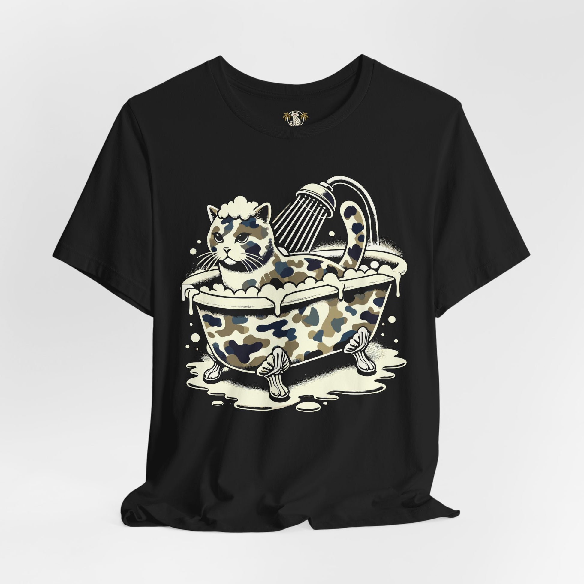 front studio photo of A Bathing Cat t shirt, funny cat graphic cotton design