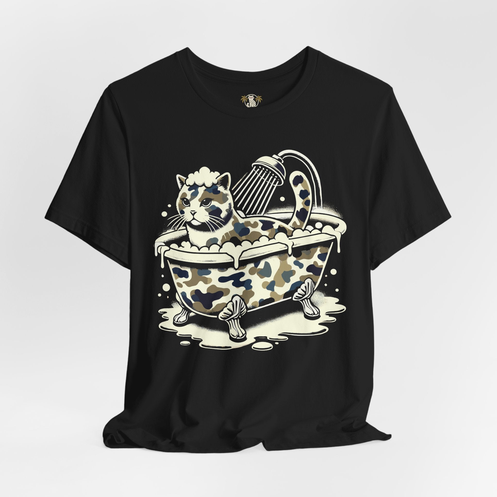 front studio photo of A Bathing Cat t shirt, funny cat graphic cotton design