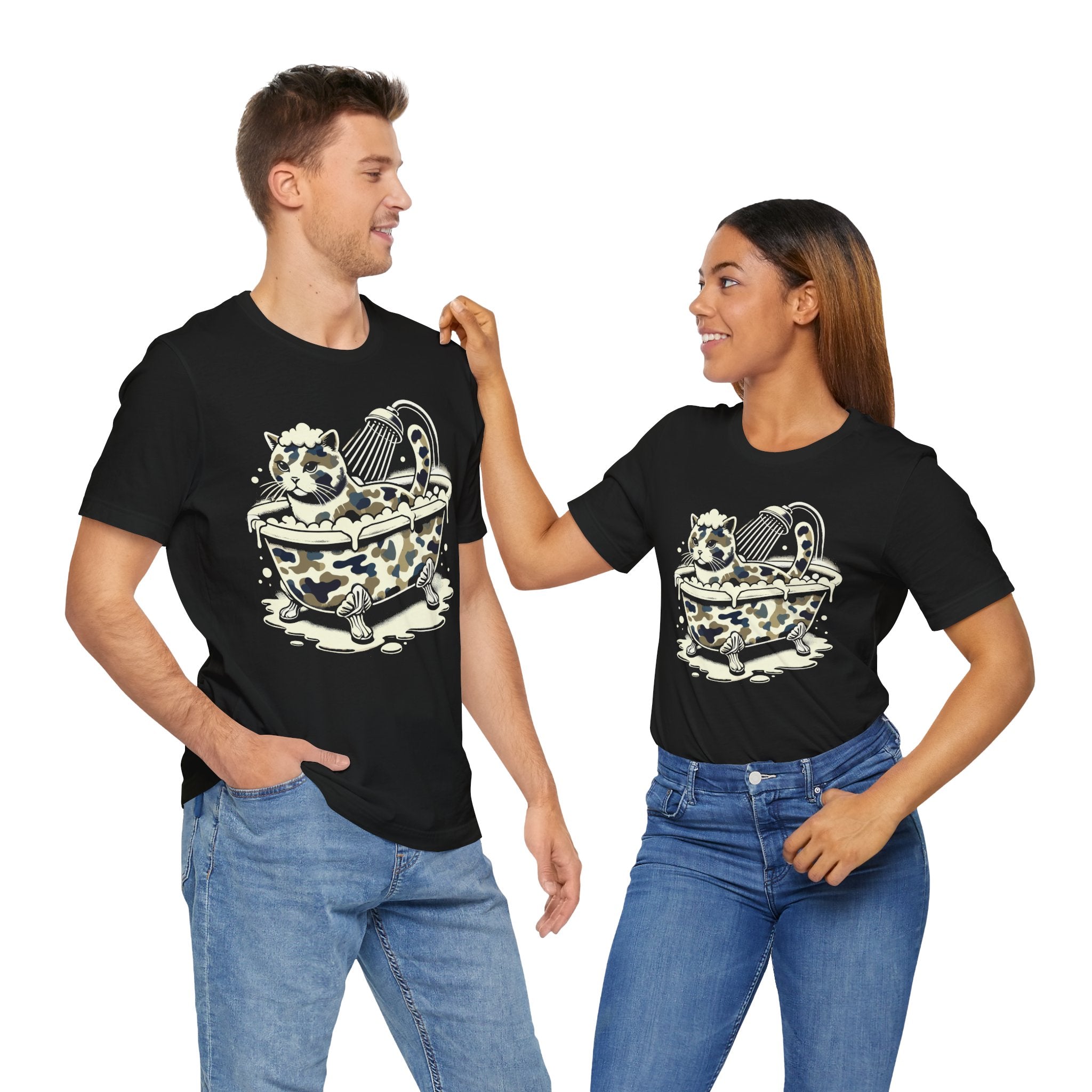 A Bathing Cat Bubble Camo Bath Graphic T-Shirt in black, worn by two models