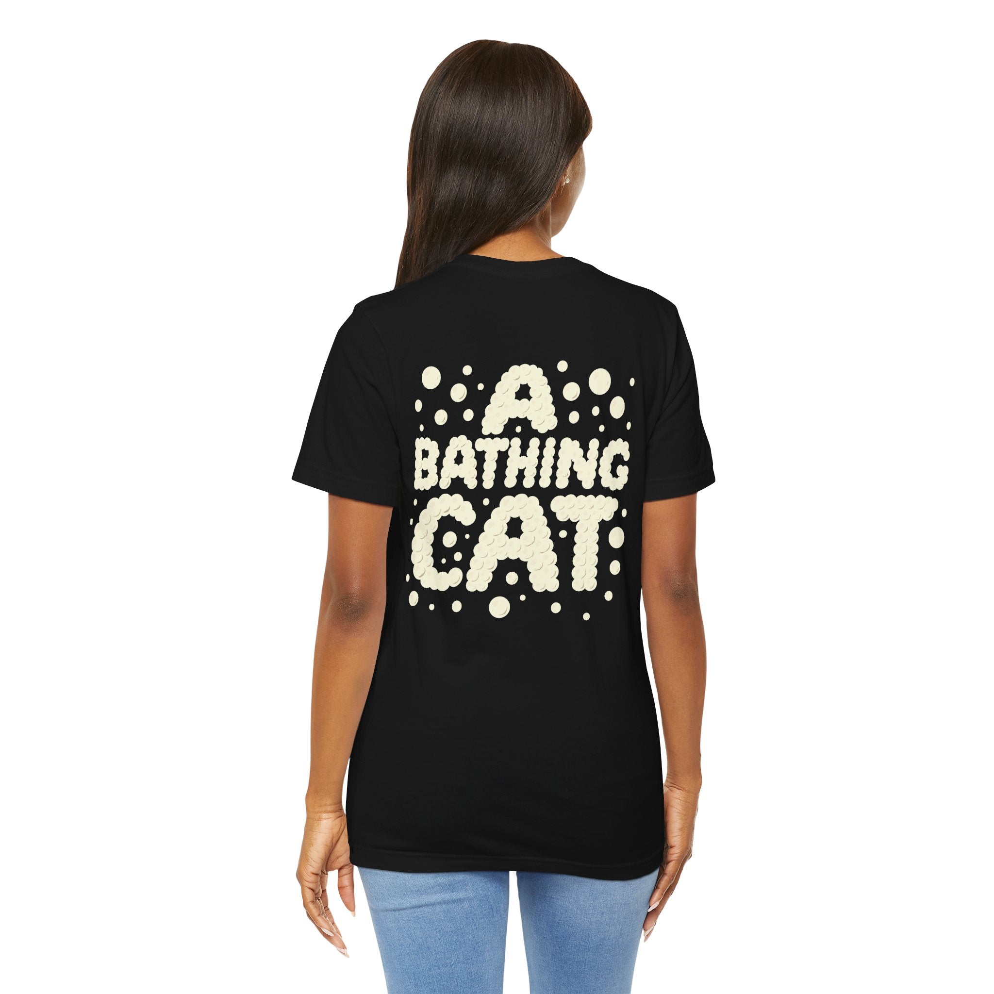 A Bathing Cat Bubble Camo Bath Graphic T-Shirt in black, back view on a female model