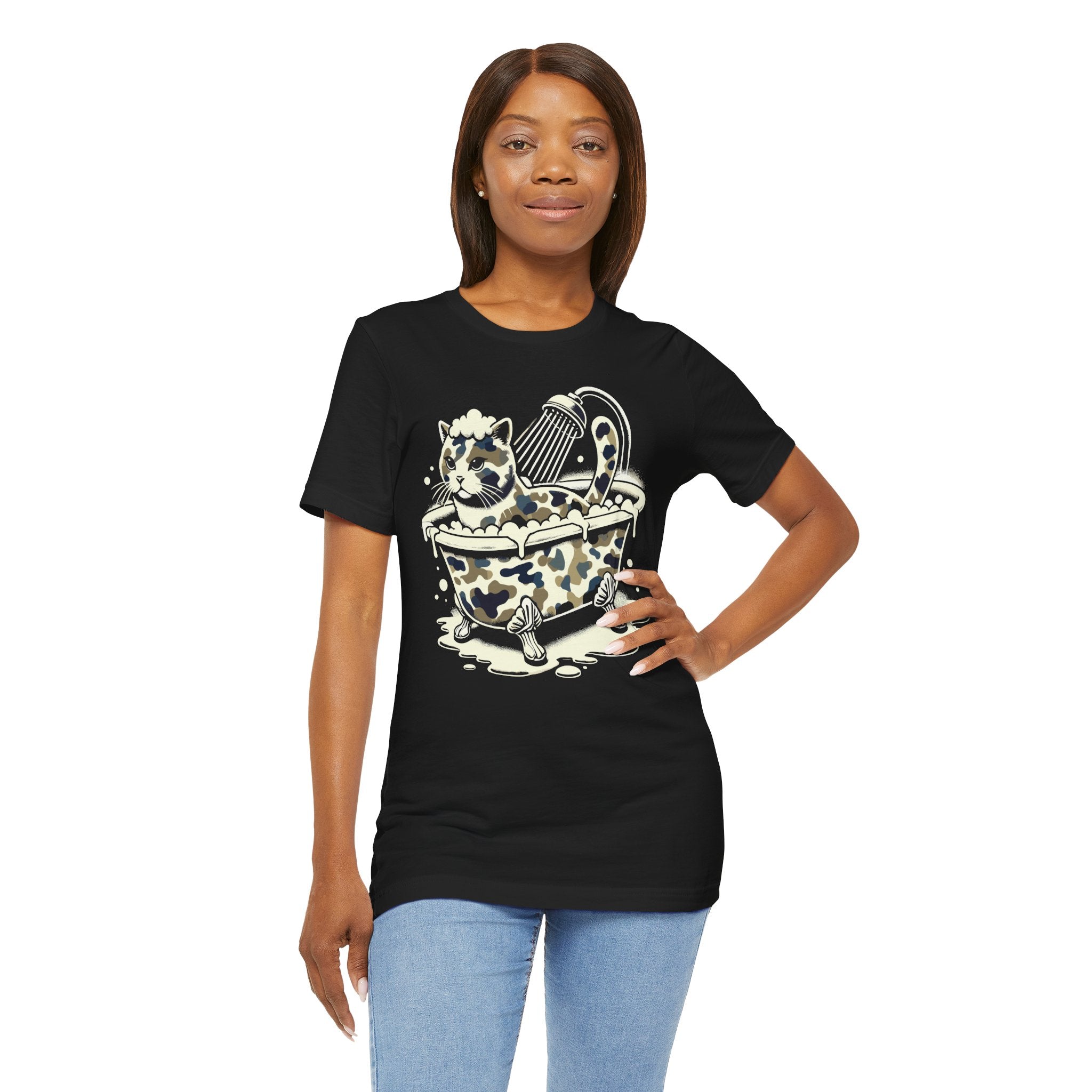 A Bathing Cat Bubble Camo Bath Graphic T-Shirt in black, worn by a female model