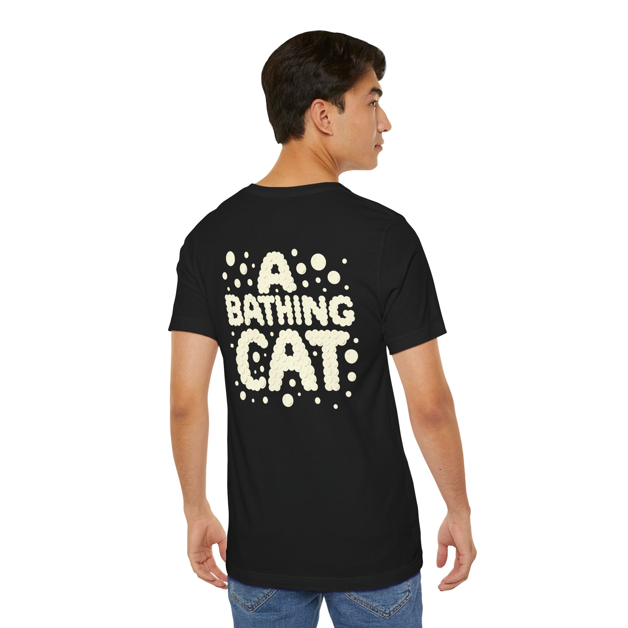 back view of male model wearing A Bathing Cat t shirt, funny mens streetwear