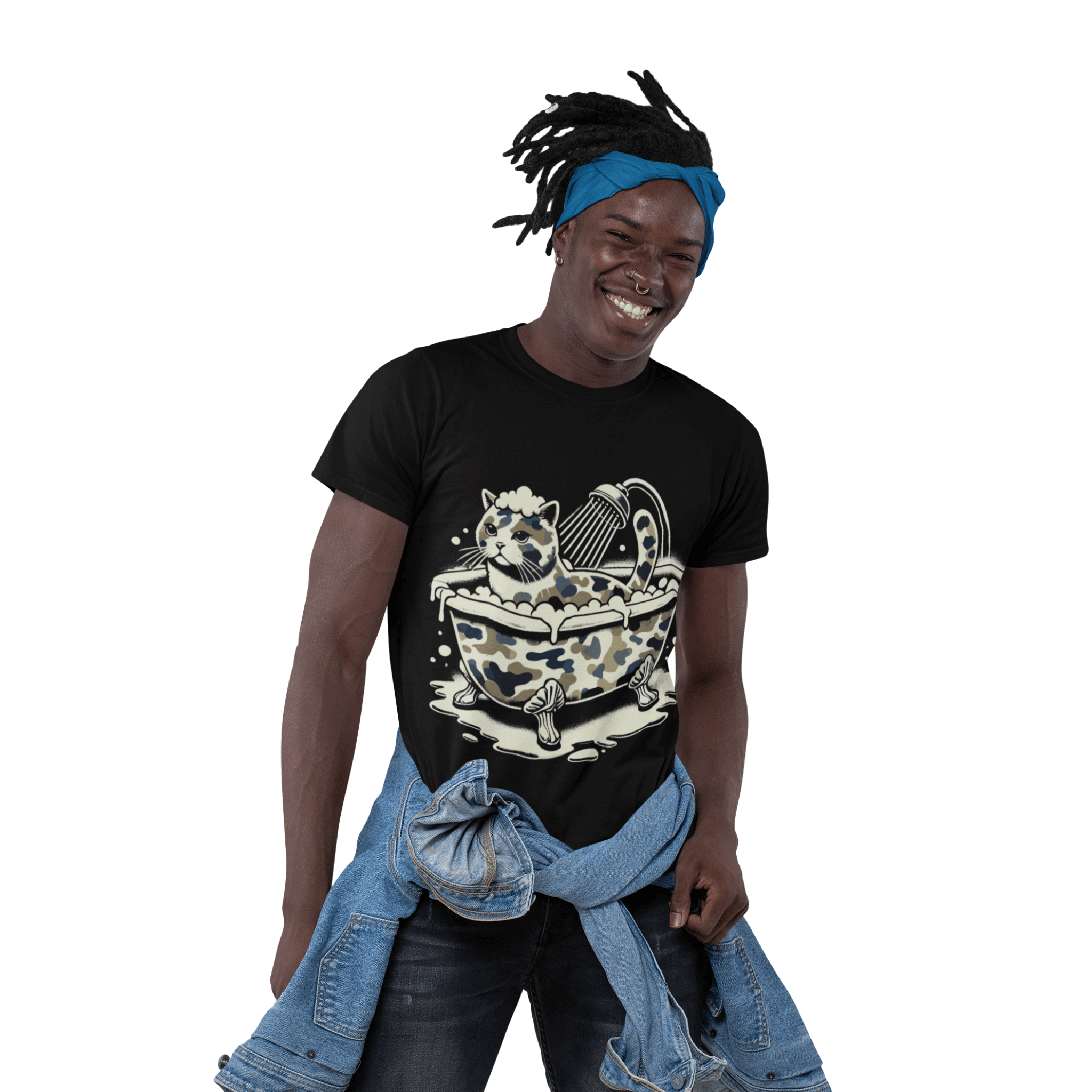 A Bathing Cat Bubble Camo Bath Graphic T-Shirt in black, worn by a male model