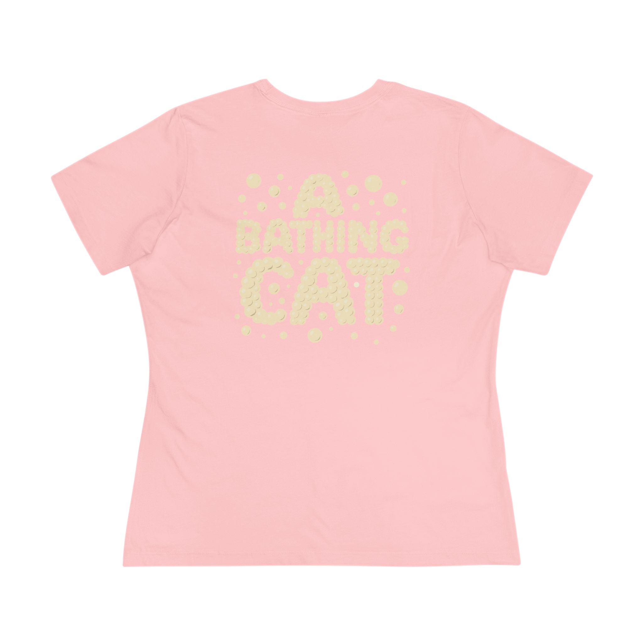 A Bathing Cat Camo Bath Drip Women's Graphic T-Shirt in pink, flat lay, back